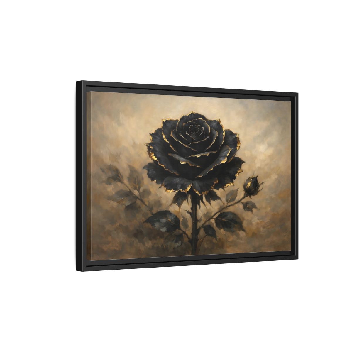 Side Mockup 3. Floral Black Rose Black Gold Rose shown as stretched canvas wall art