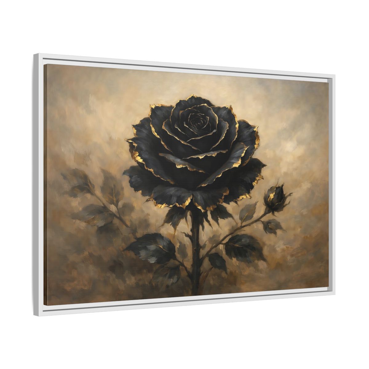 Side Mockup 8. Floral Black Rose Black Gold Rose shown as stretched canvas wall art