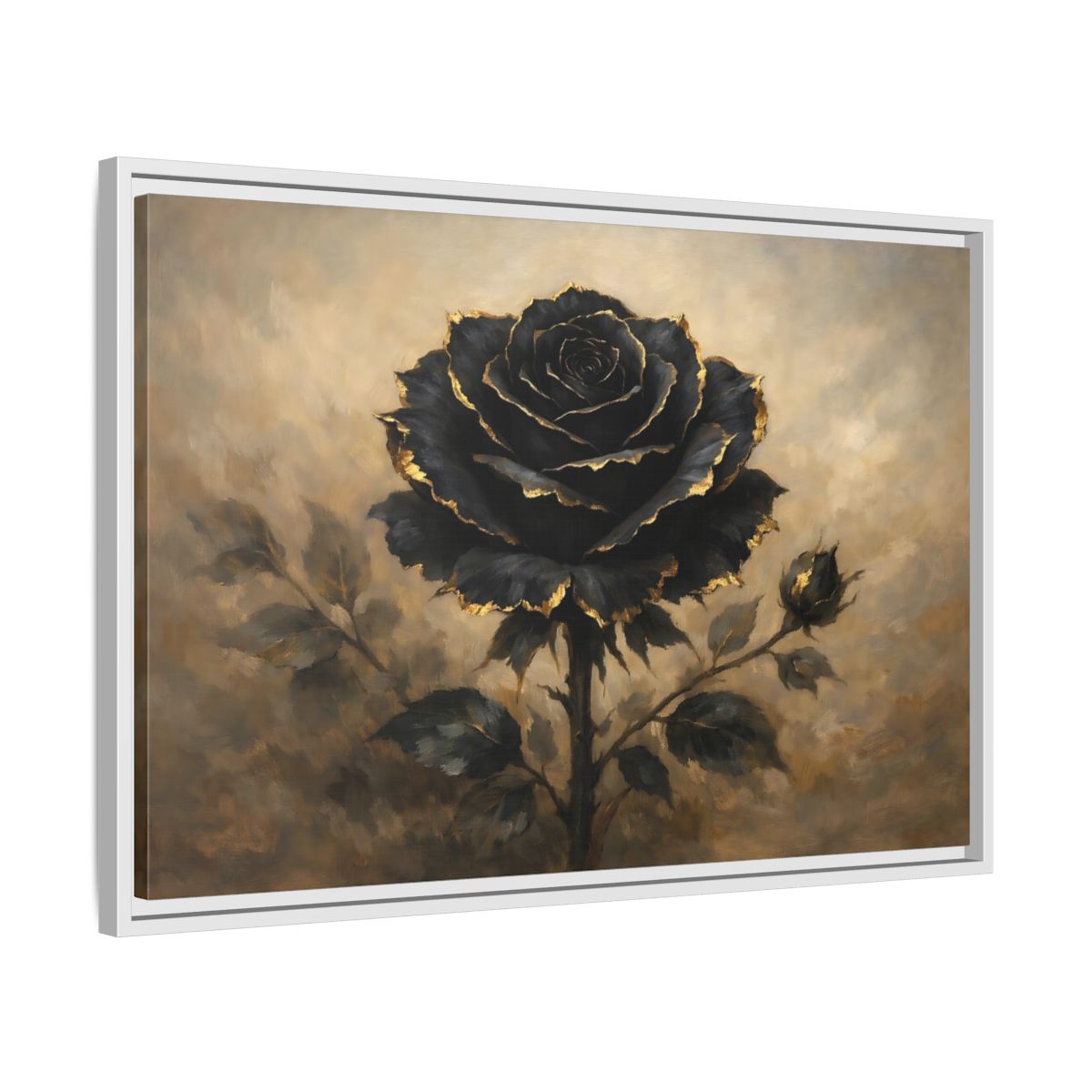 Side Mockup 10. Floral Black Rose Black Gold Rose shown as stretched canvas wall art