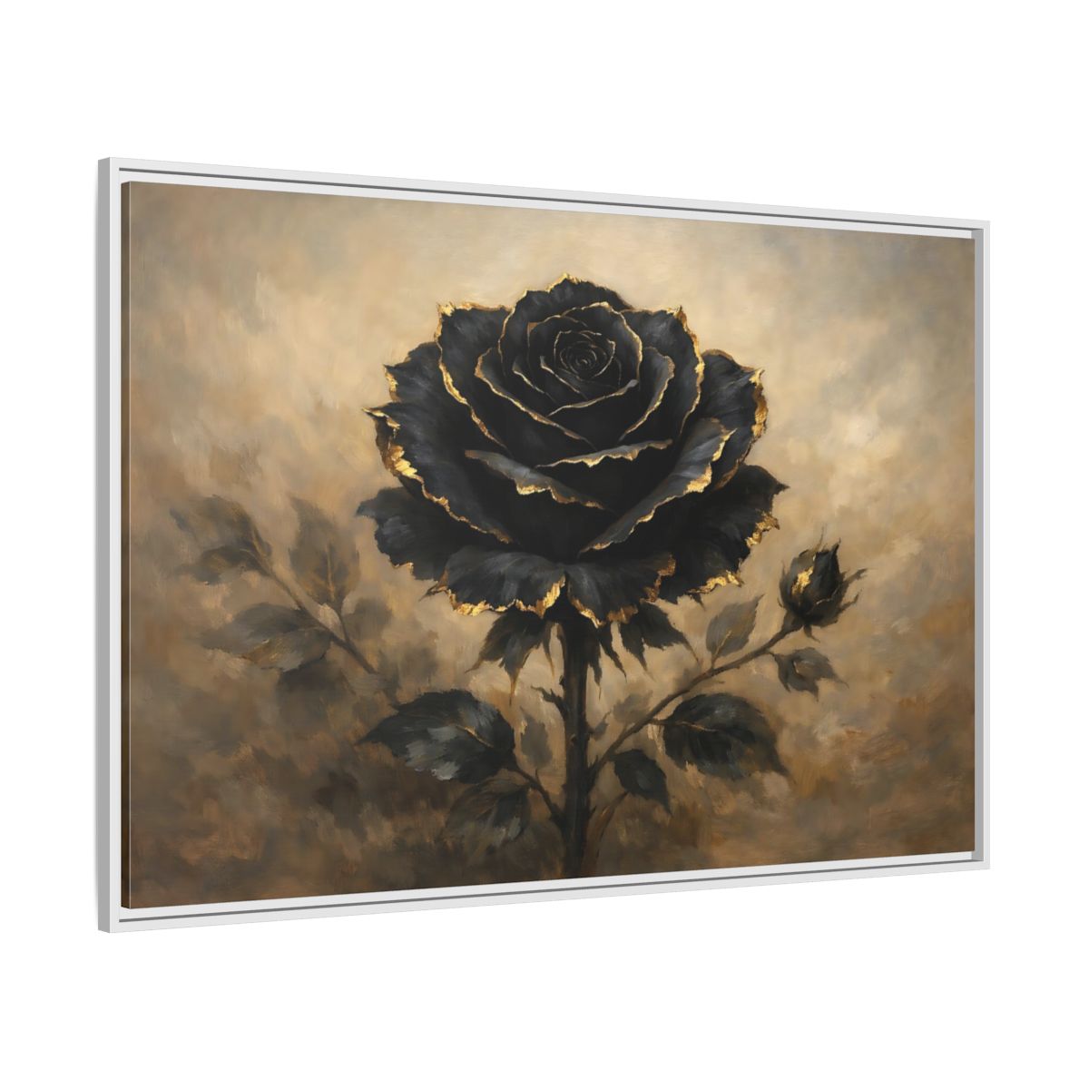 Side Mockup 7. Floral Black Rose Black Gold Rose shown as stretched canvas wall art