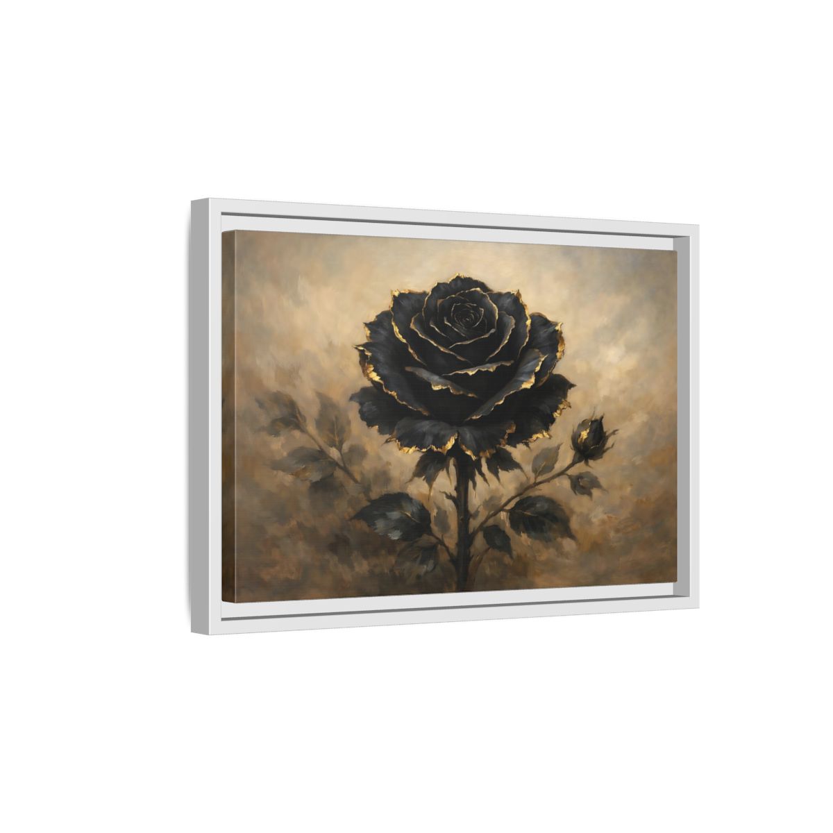 Side Mockup 4. Floral Black Rose Black Gold Rose shown as stretched canvas wall art