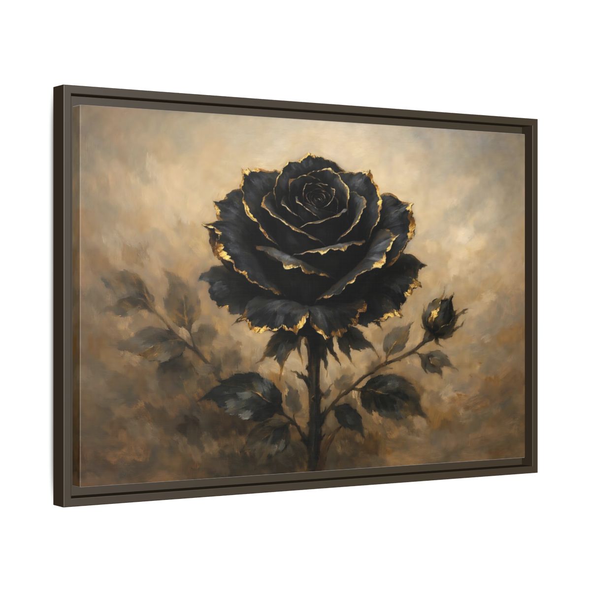 Side Mockup 11. Floral Black Rose Black Gold Rose shown as stretched canvas wall art