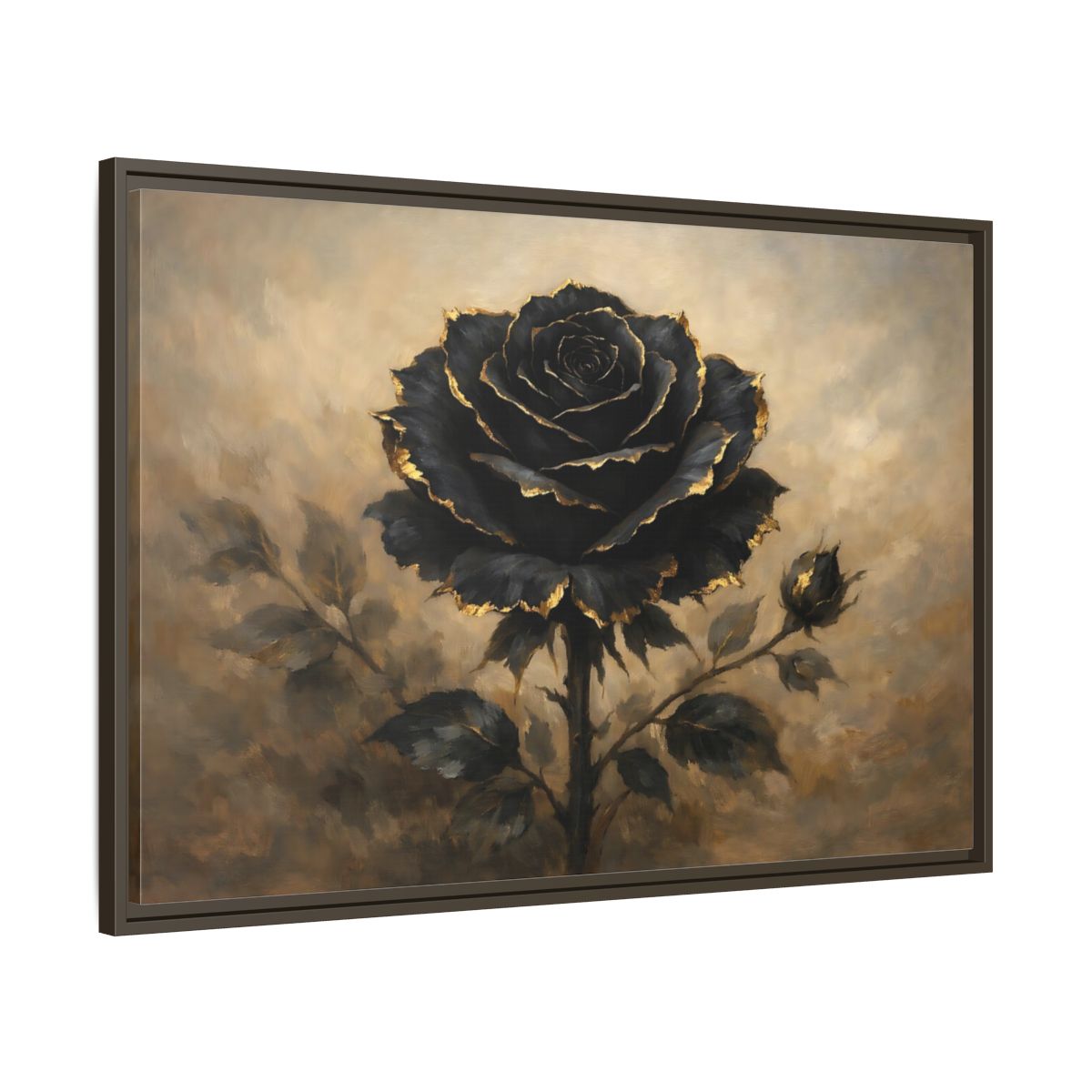 Side Mockup 9. Floral Black Rose Black Gold Rose shown as stretched canvas wall art