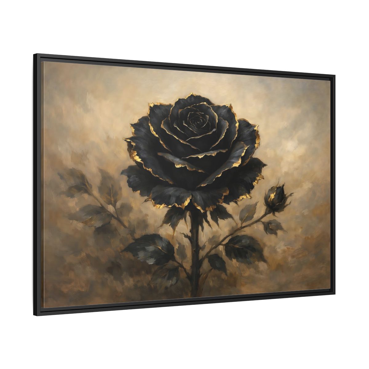 Side Mockup 12. Floral Black Rose Black Gold Rose shown as stretched canvas wall art