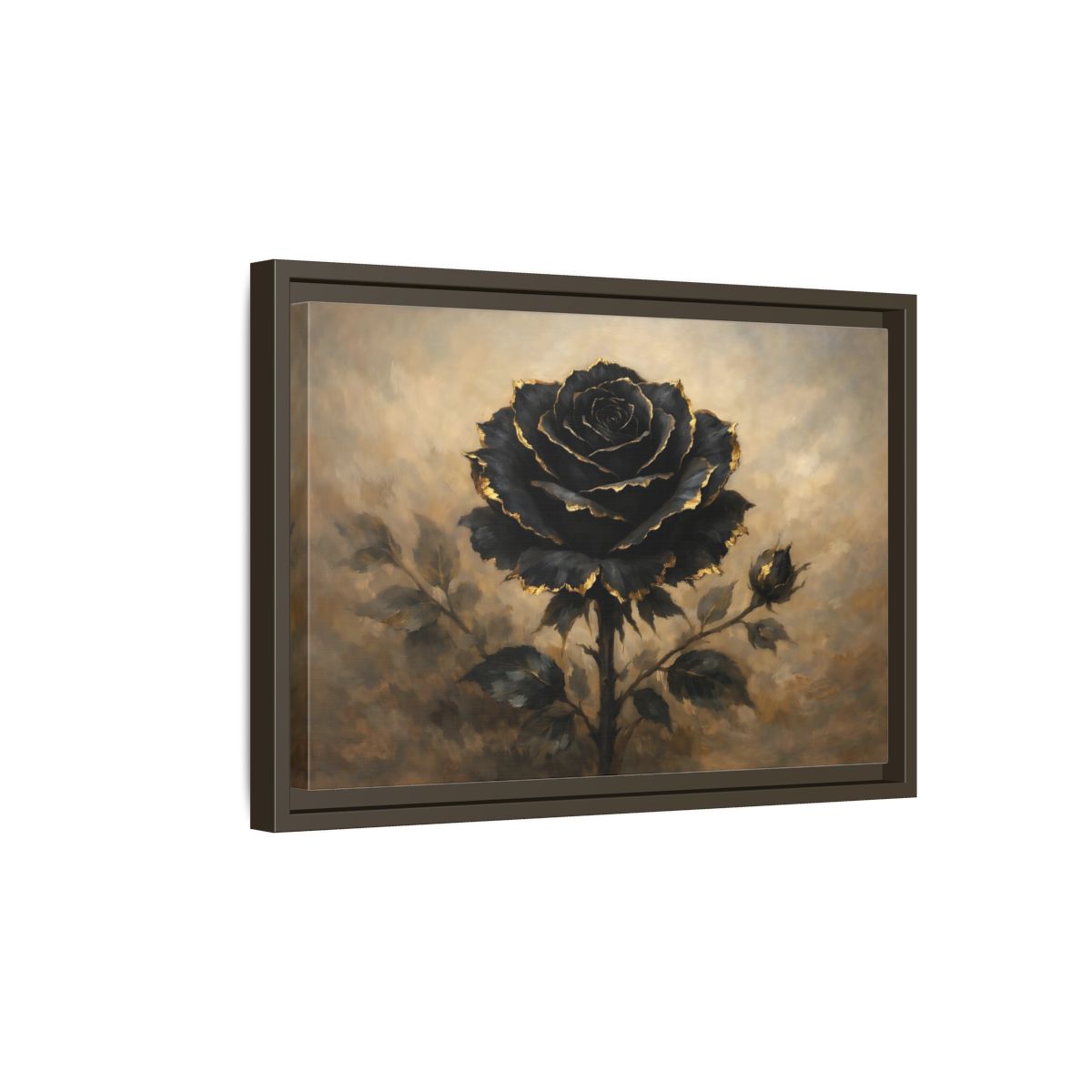 Side Mockup 5. Floral Black Rose Black Gold Rose shown as stretched canvas wall art