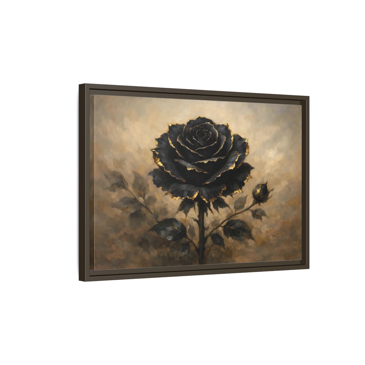 Side Mockup 2. Floral Black Rose Black Gold Rose shown as stretched canvas wall art
