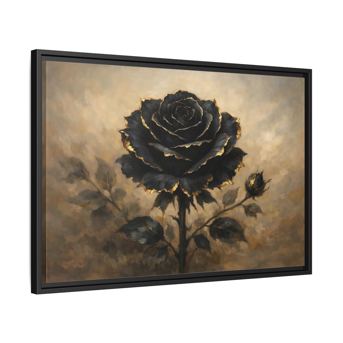 Side Mockup 14. Floral Black Rose Black Gold Rose shown as stretched canvas wall art