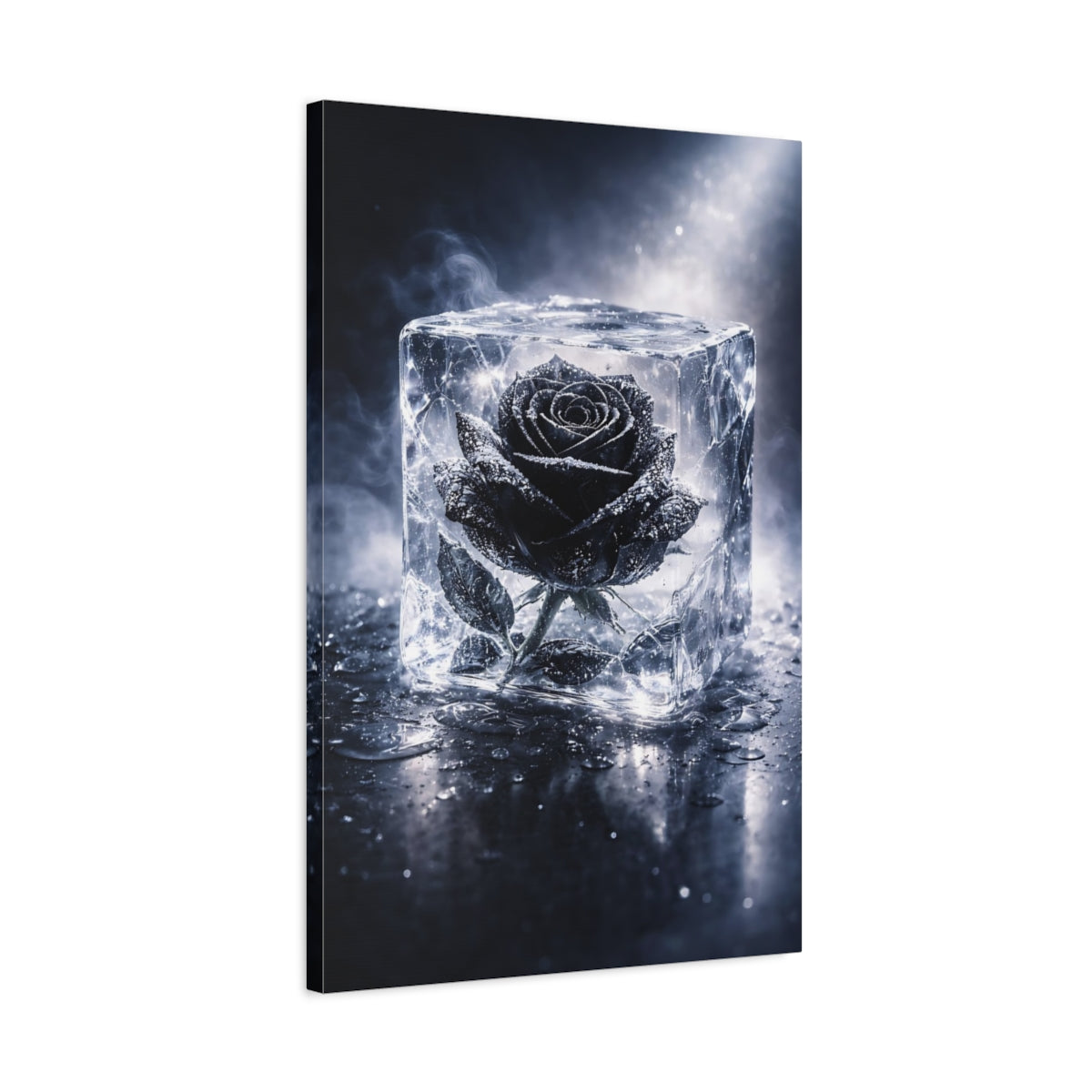 Side Mockup 2. Floral Black Rose Black Rose Ice shown as stretched canvas wall art
