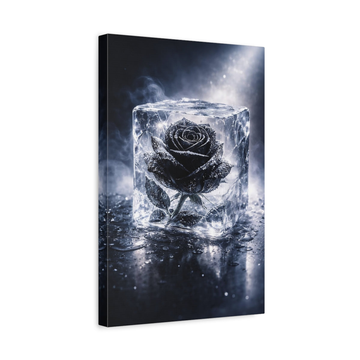 Side Mockup 4. Floral Black Rose Black Rose Ice shown as stretched canvas wall art