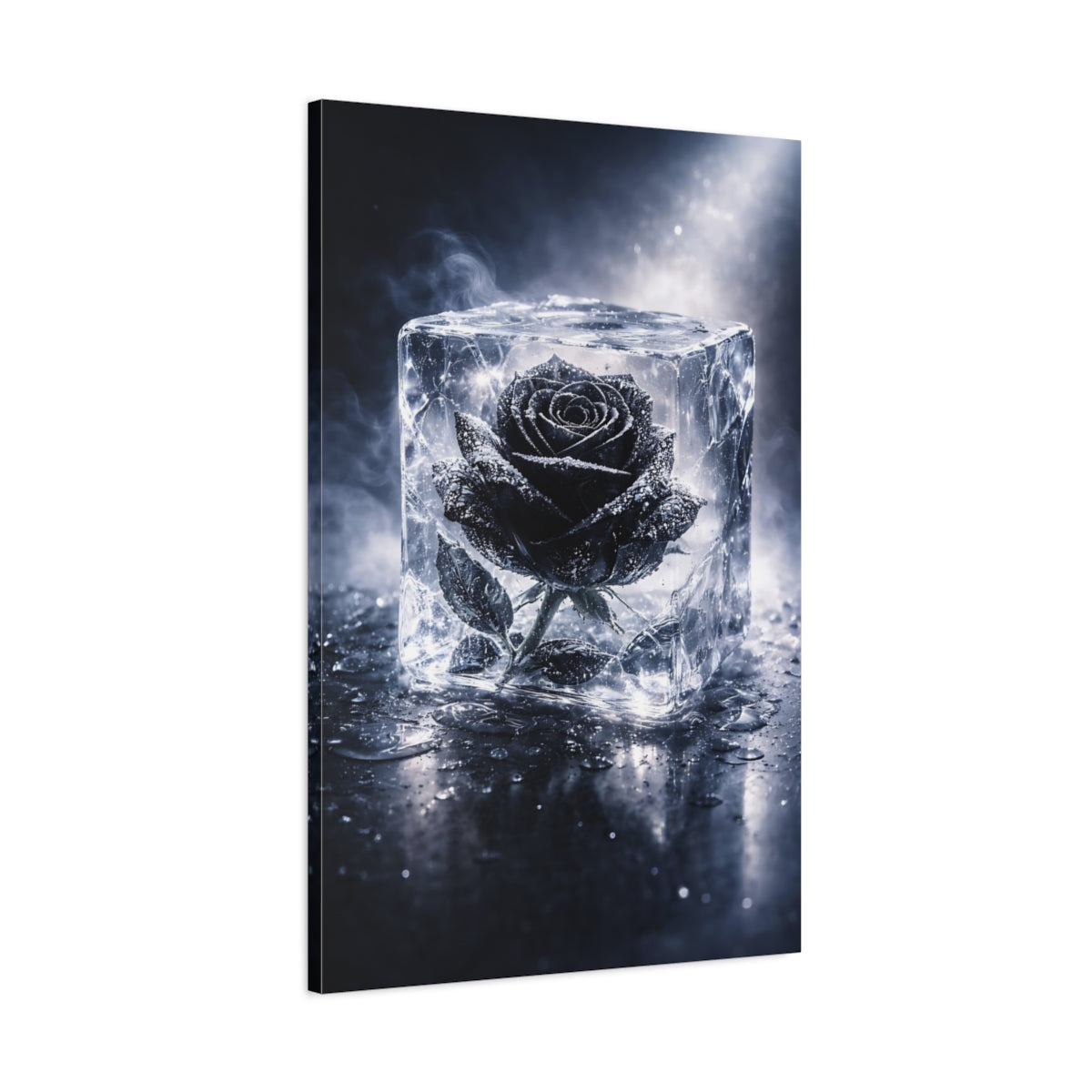 Side Mockup 1. Floral Black Rose Black Rose Ice shown as stretched canvas wall art