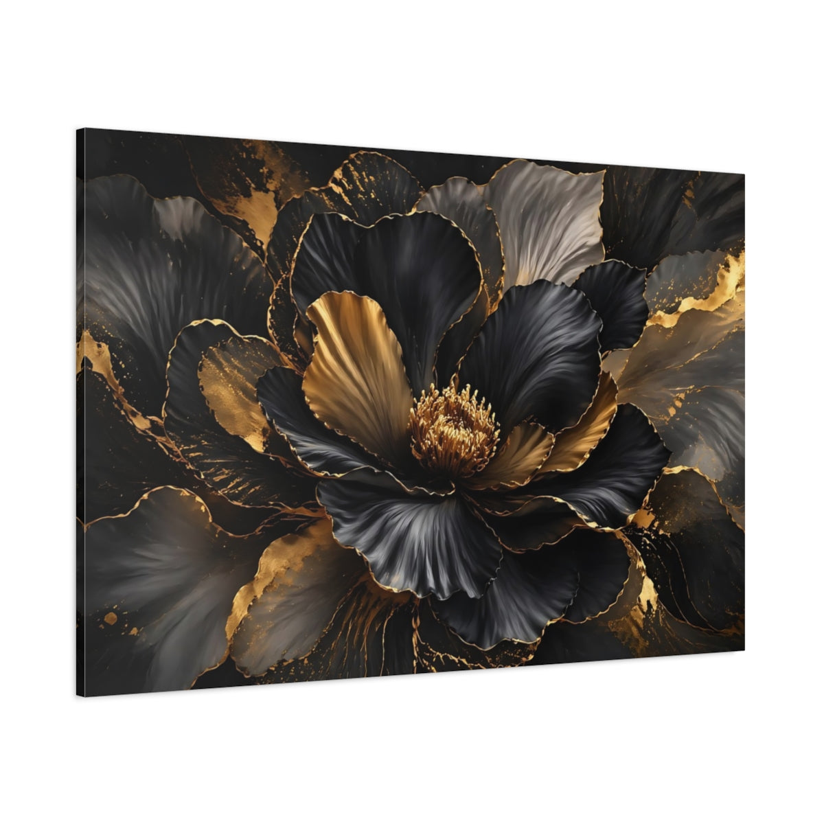 Side Mockup 1. Floral Floral Bloom Black And Gold shown as stretched canvas wall art