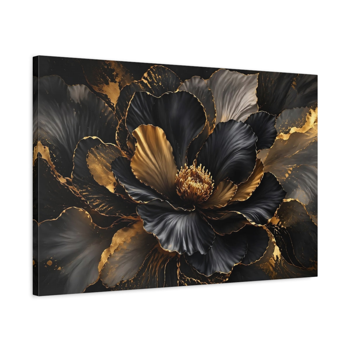 Side Mockup 2. Floral Floral Bloom Black And Gold shown as stretched canvas wall art