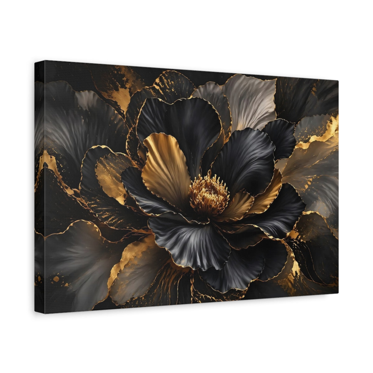 Side Mockup 4. Floral Floral Bloom Black And Gold shown as stretched canvas wall art