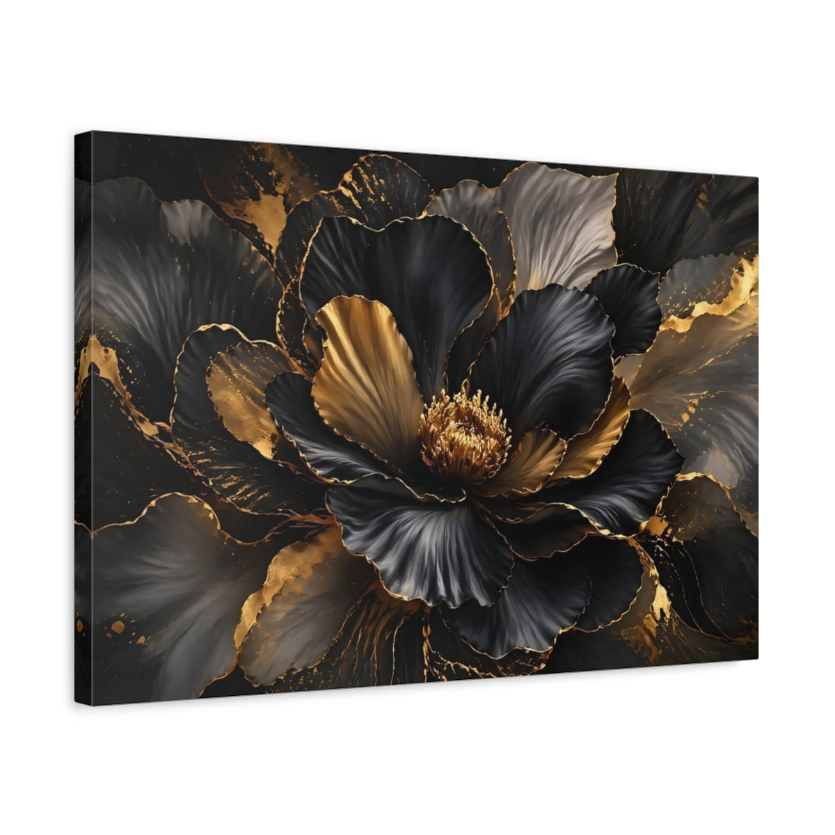 Side Mockup 3. Floral Floral Bloom Black And Gold shown as stretched canvas wall art
