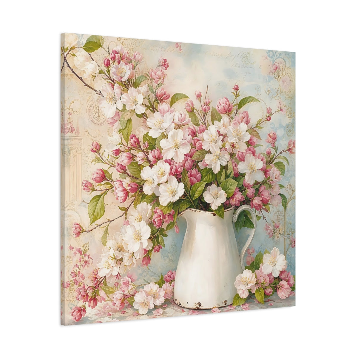 Side Mockup 1. Floral Blossom Bouquet Pink And White Flowers shown as stretched canvas wall art