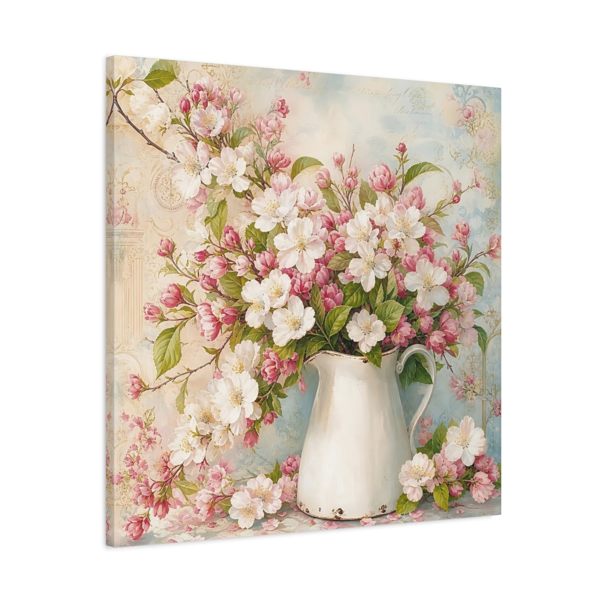 Side Mockup 3. Floral Blossom Bouquet Pink And White Flowers shown as stretched canvas wall art
