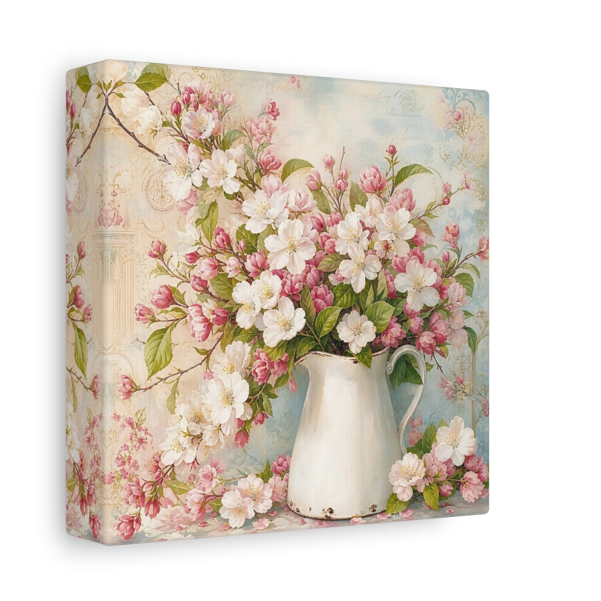 Side Mockup 2. Floral Blossom Bouquet Pink And White Flowers shown as stretched canvas wall art