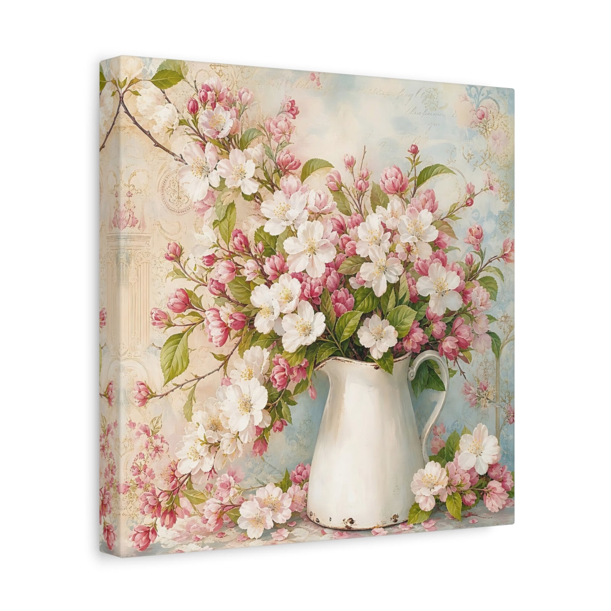 Side Mockup 8. Floral Blossom Bouquet Pink And White Flowers shown as stretched canvas wall art