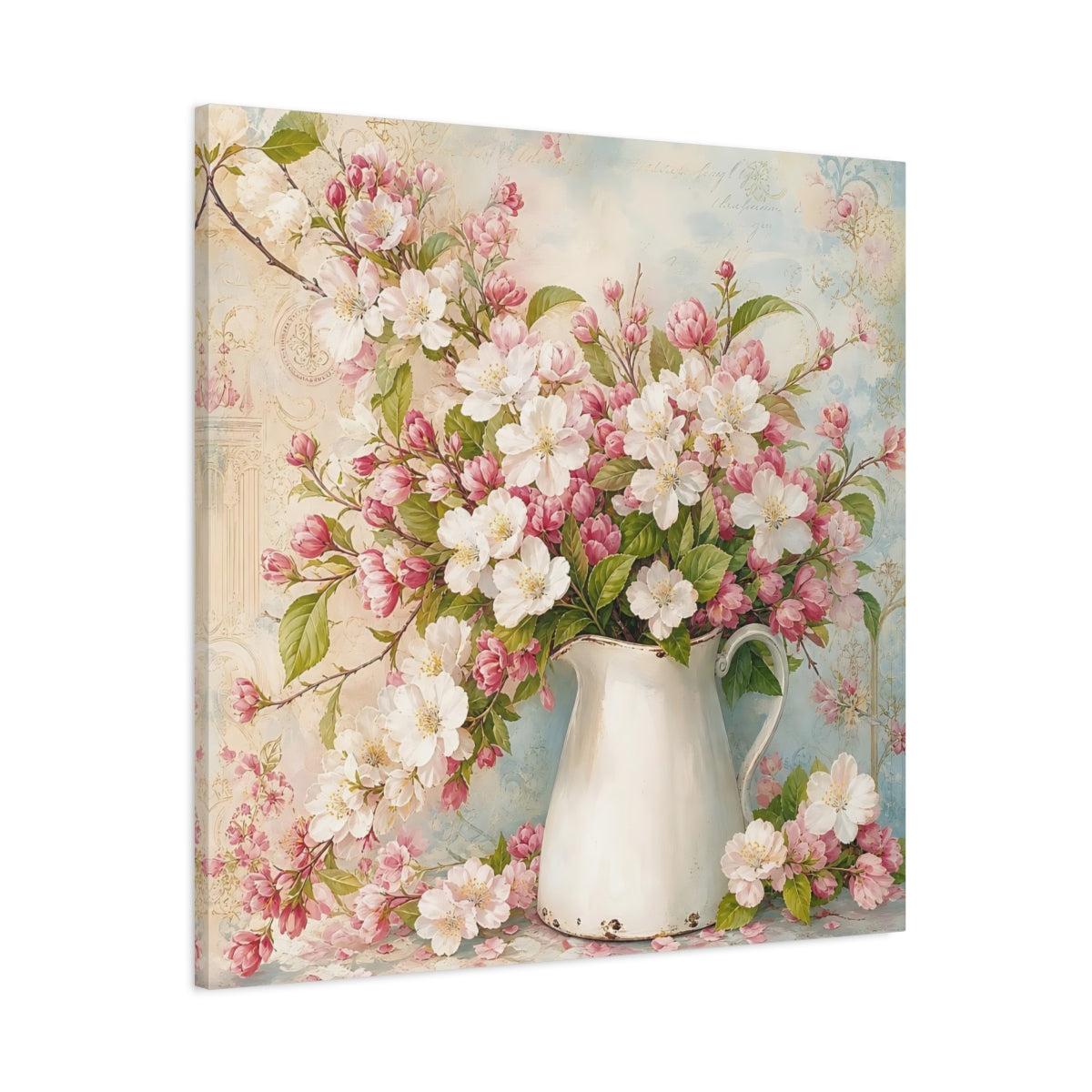 Main Mockup. Floral Blossom Bouquet Pink And White Flowers shown as stretched canvas wall art