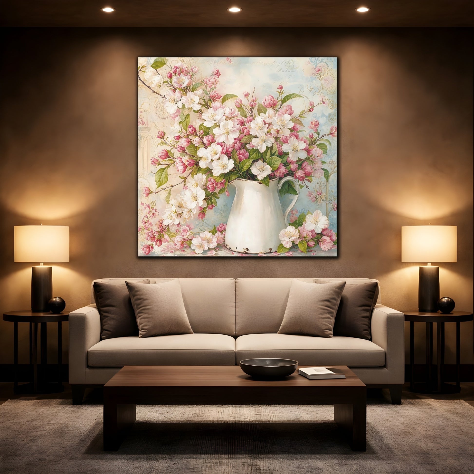 Mockup 2. Floral Blossom Bouquet Pink And White Flowers shown as stretched canvas wall art