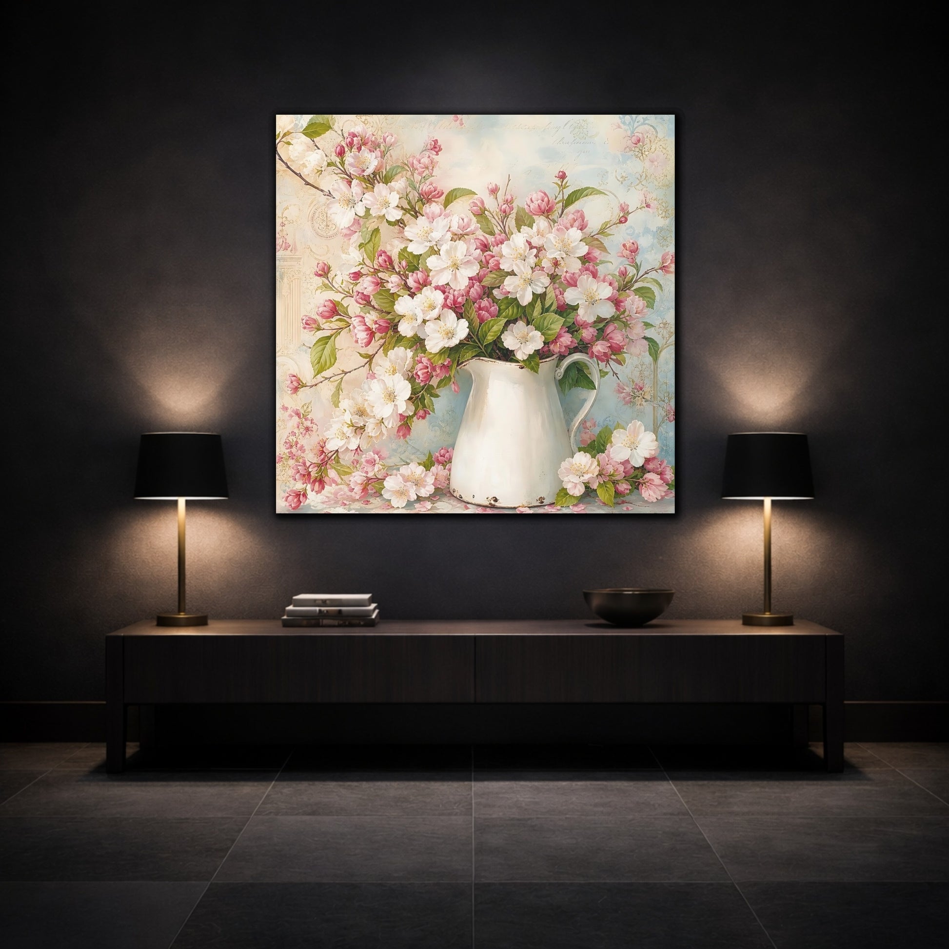 Mockup 3. Floral Blossom Bouquet Pink And White Flowers shown as stretched canvas wall art