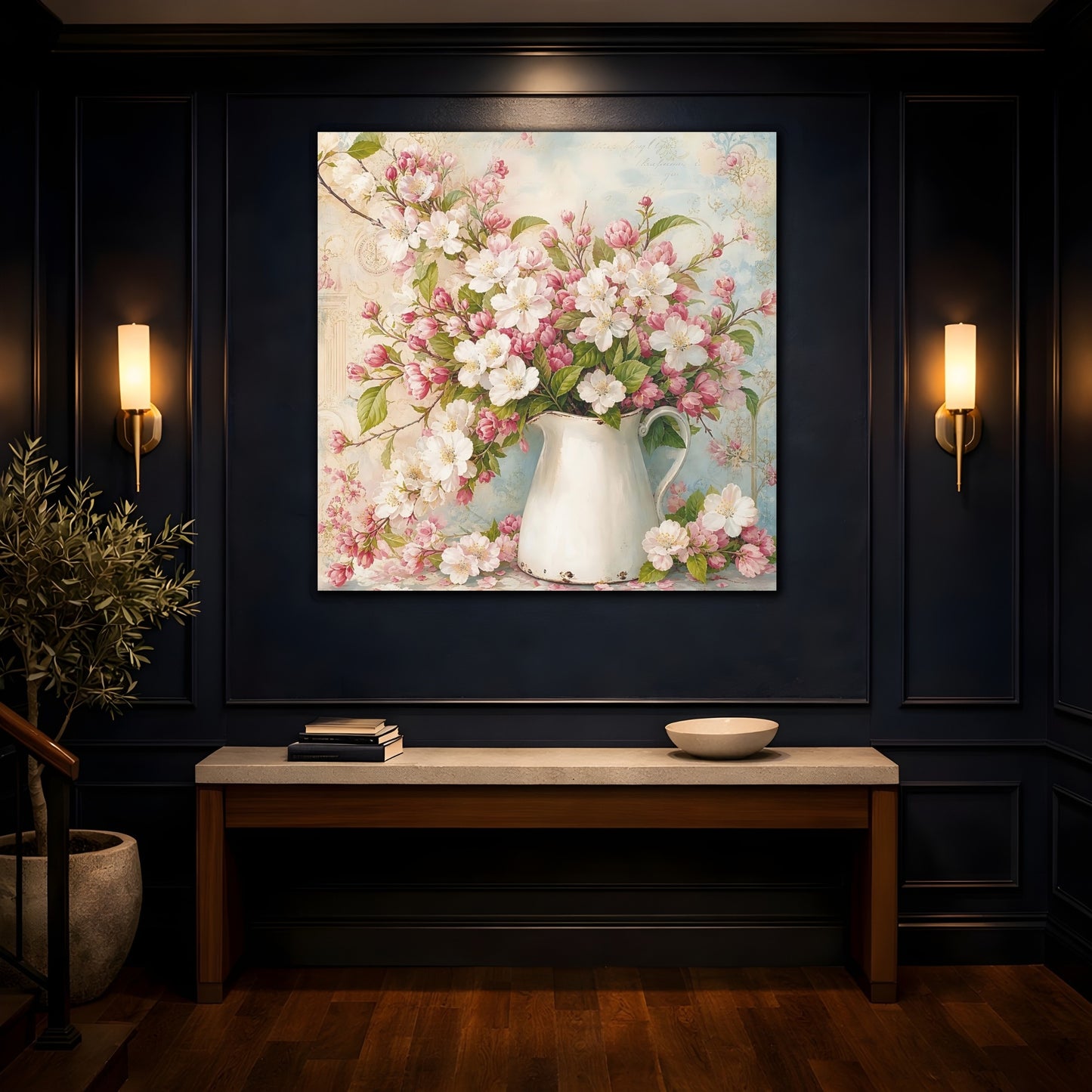 Mockup 4. Floral Blossom Bouquet Pink And White Flowers shown as stretched canvas wall art