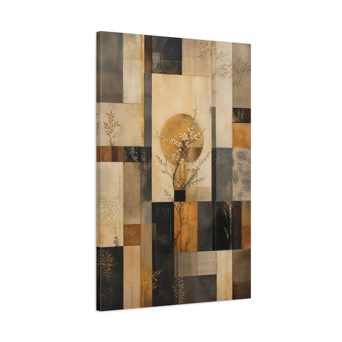 Main Mockup. Floral Blossom Tree Gold Beige Abstract shown as stretched canvas wall art