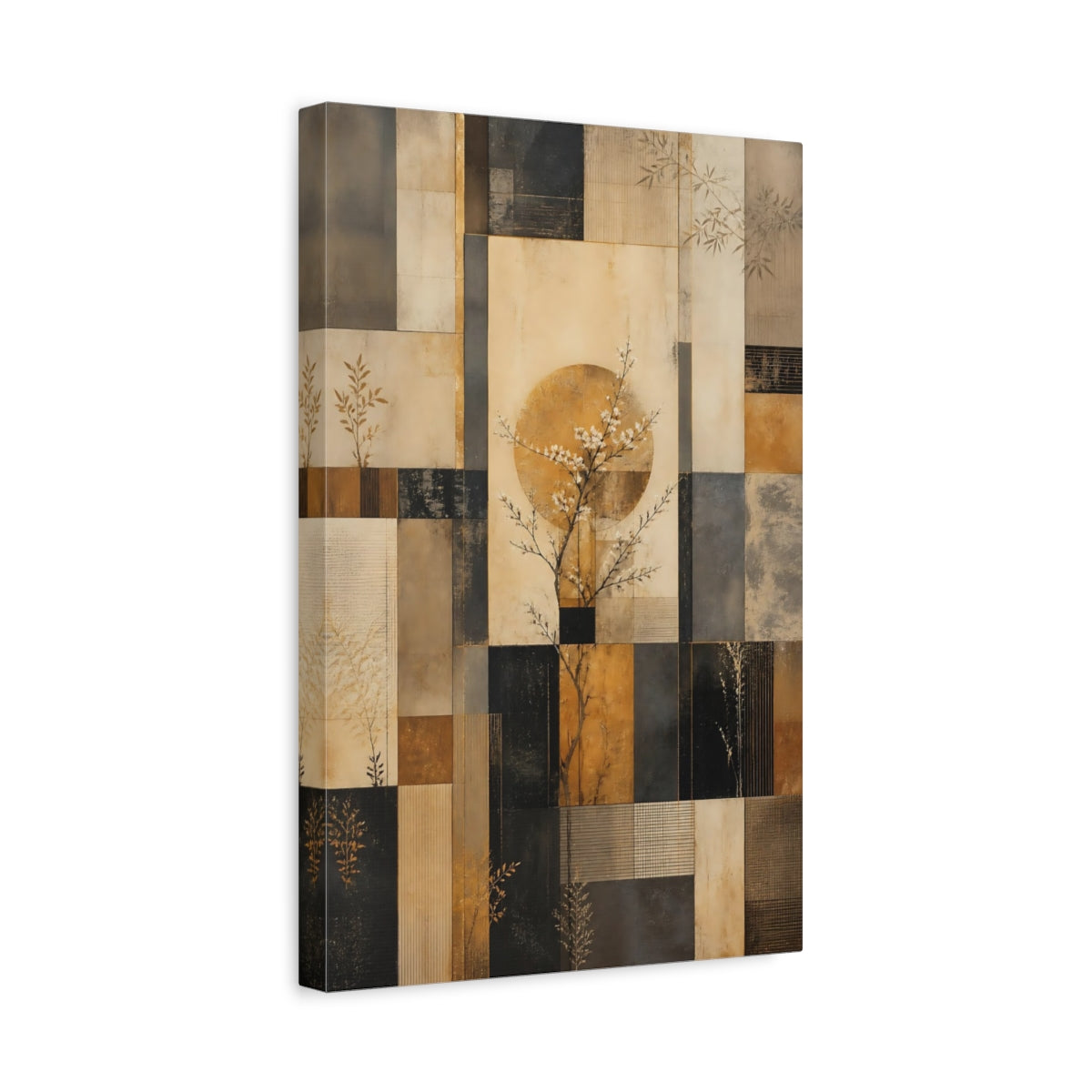 Side Mockup 4. Floral Blossom Tree Gold Beige Abstract shown as stretched canvas wall art
