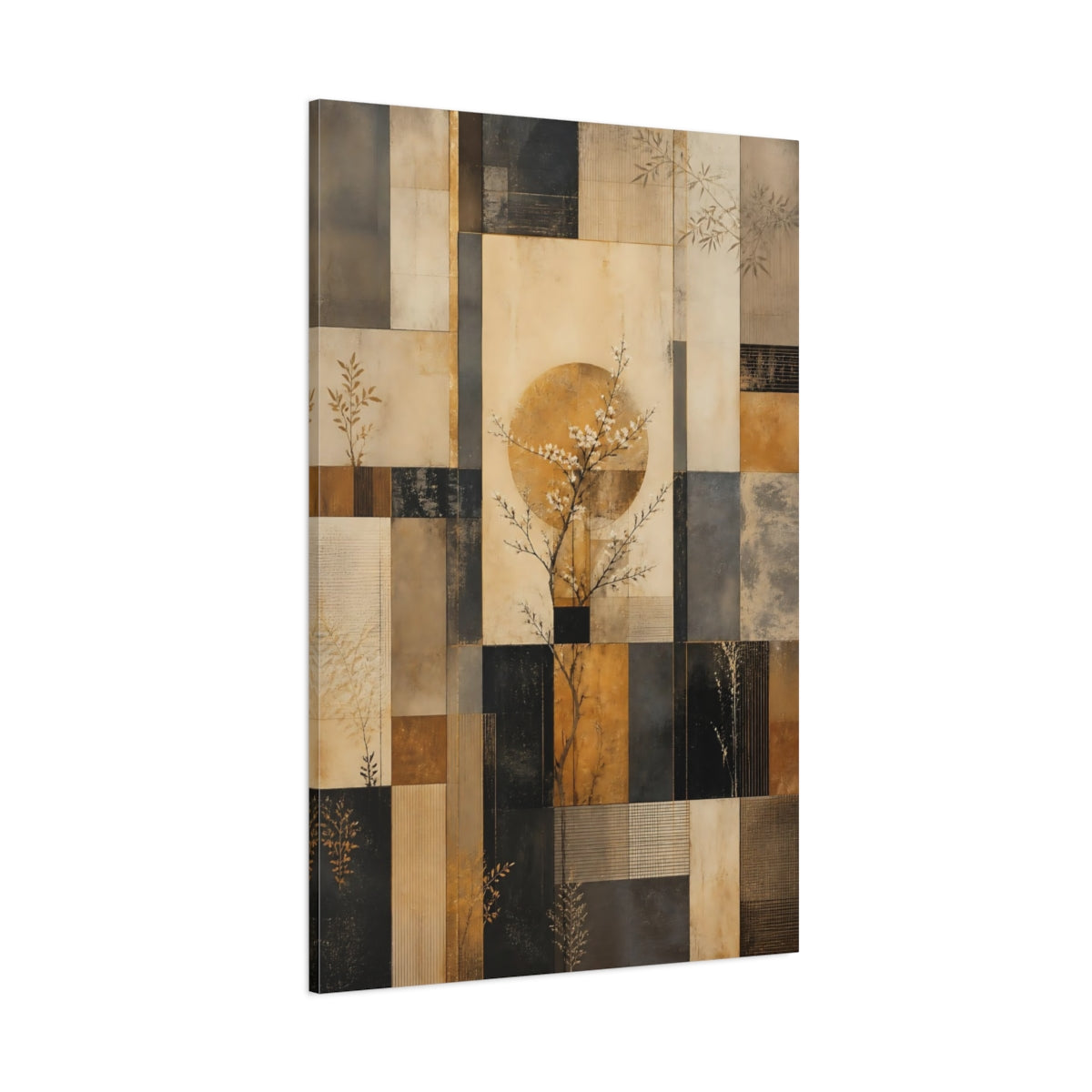 Side Mockup 1. Floral Blossom Tree Gold Beige Abstract shown as stretched canvas wall art