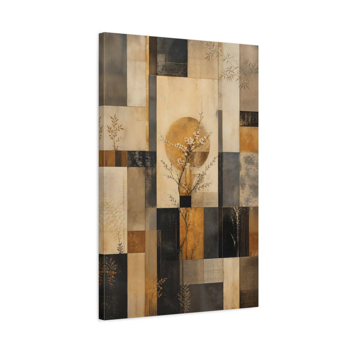Side Mockup 2. Floral Blossom Tree Gold Beige Abstract shown as stretched canvas wall art