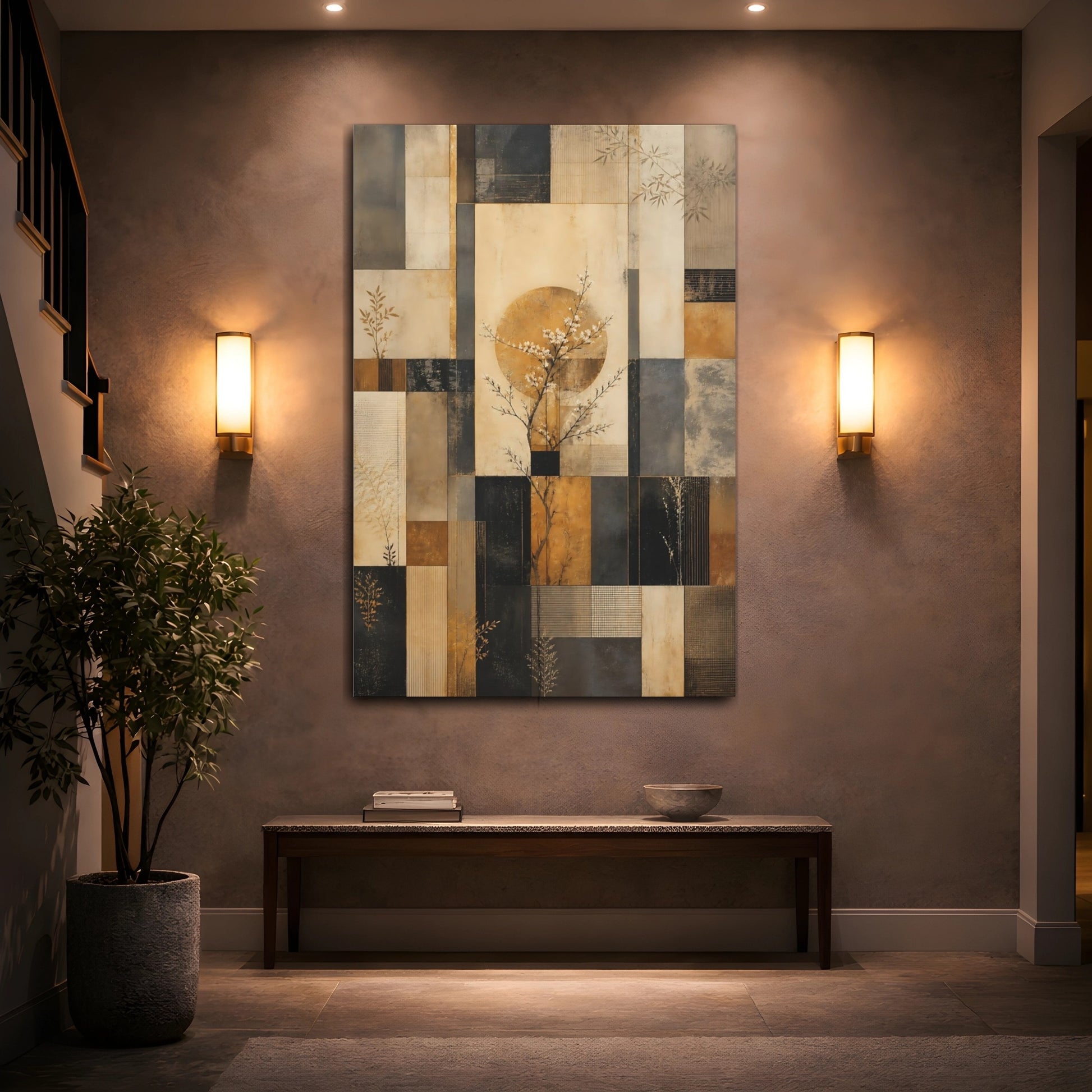 Mockup 2. Floral Blossom Tree Gold Beige Abstract shown as stretched canvas wall art
