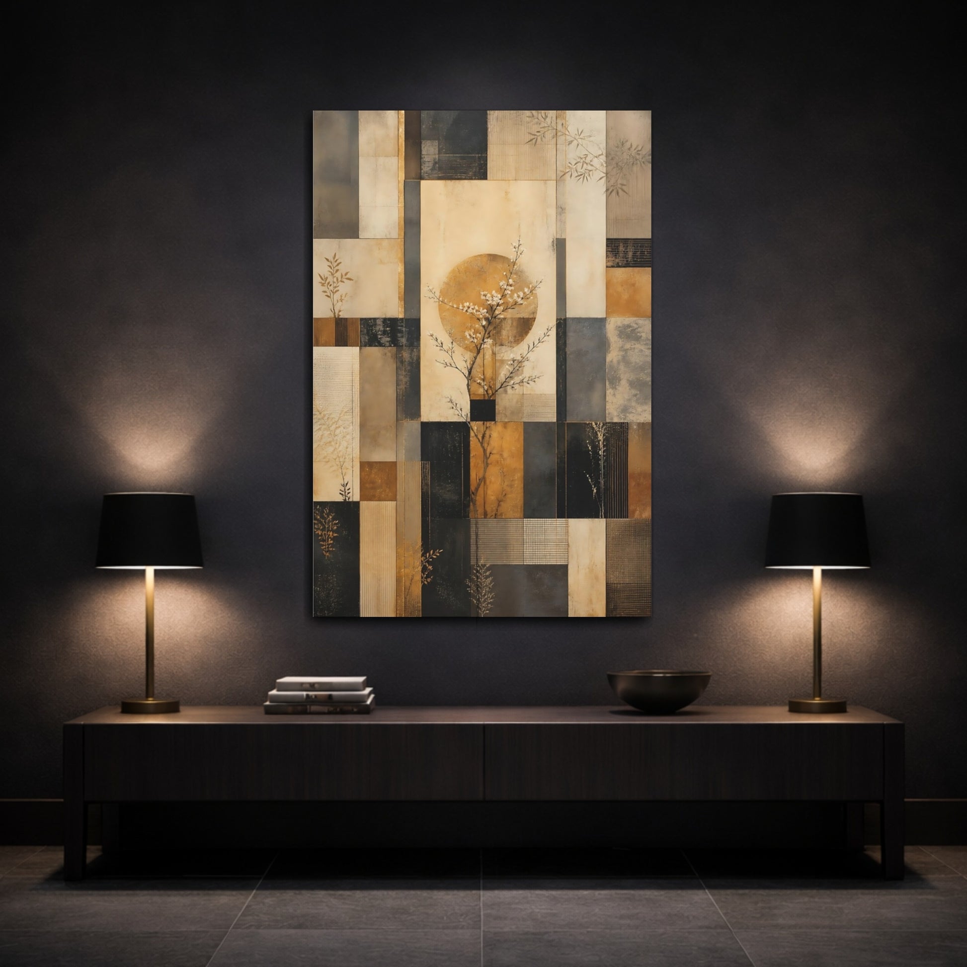 Mockup 3. Floral Blossom Tree Gold Beige Abstract shown as stretched canvas wall art