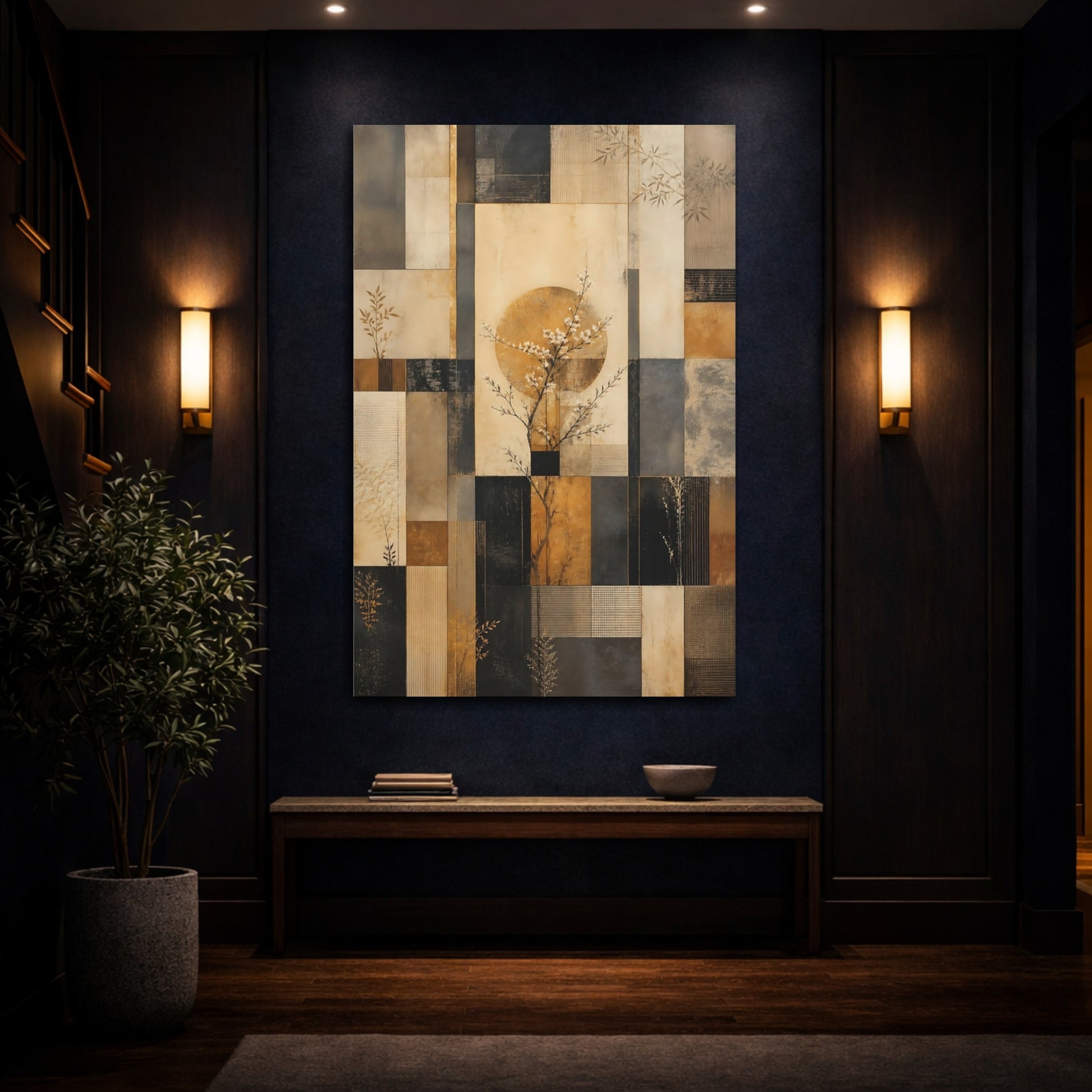Mockup 4. Floral Blossom Tree Gold Beige Abstract shown as stretched canvas wall art