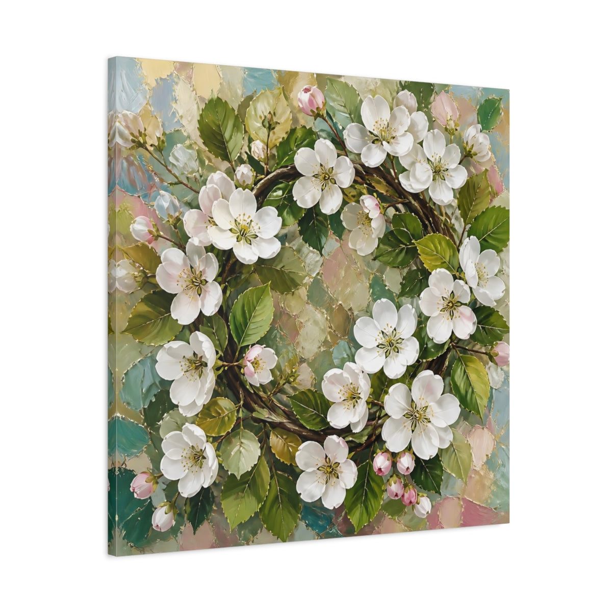 Side Mockup 3. Floral Blossom Wreath Pastel Floral Wreath shown as stretched canvas wall art