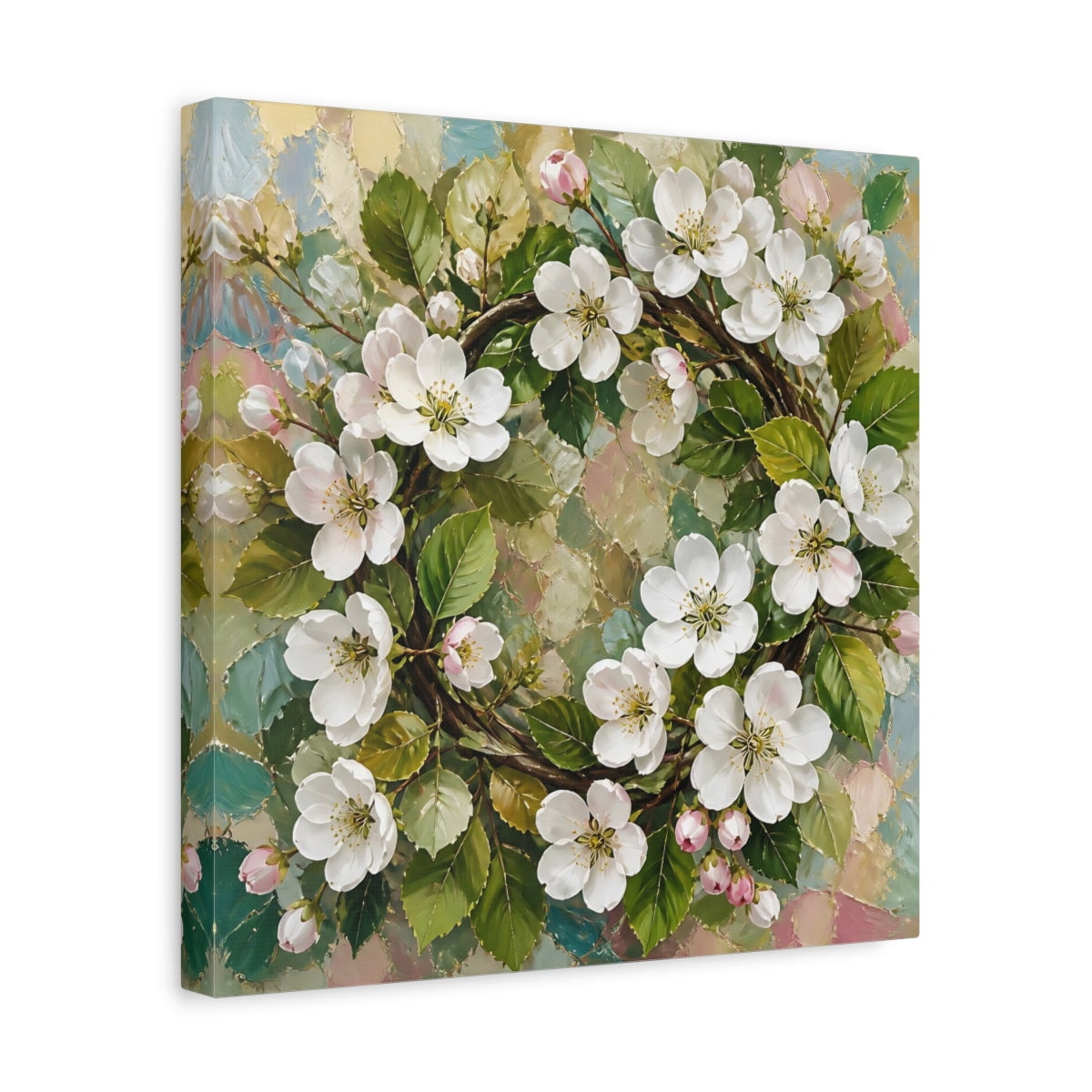 Side Mockup 7. Floral Blossom Wreath Pastel Floral Wreath shown as stretched canvas wall art