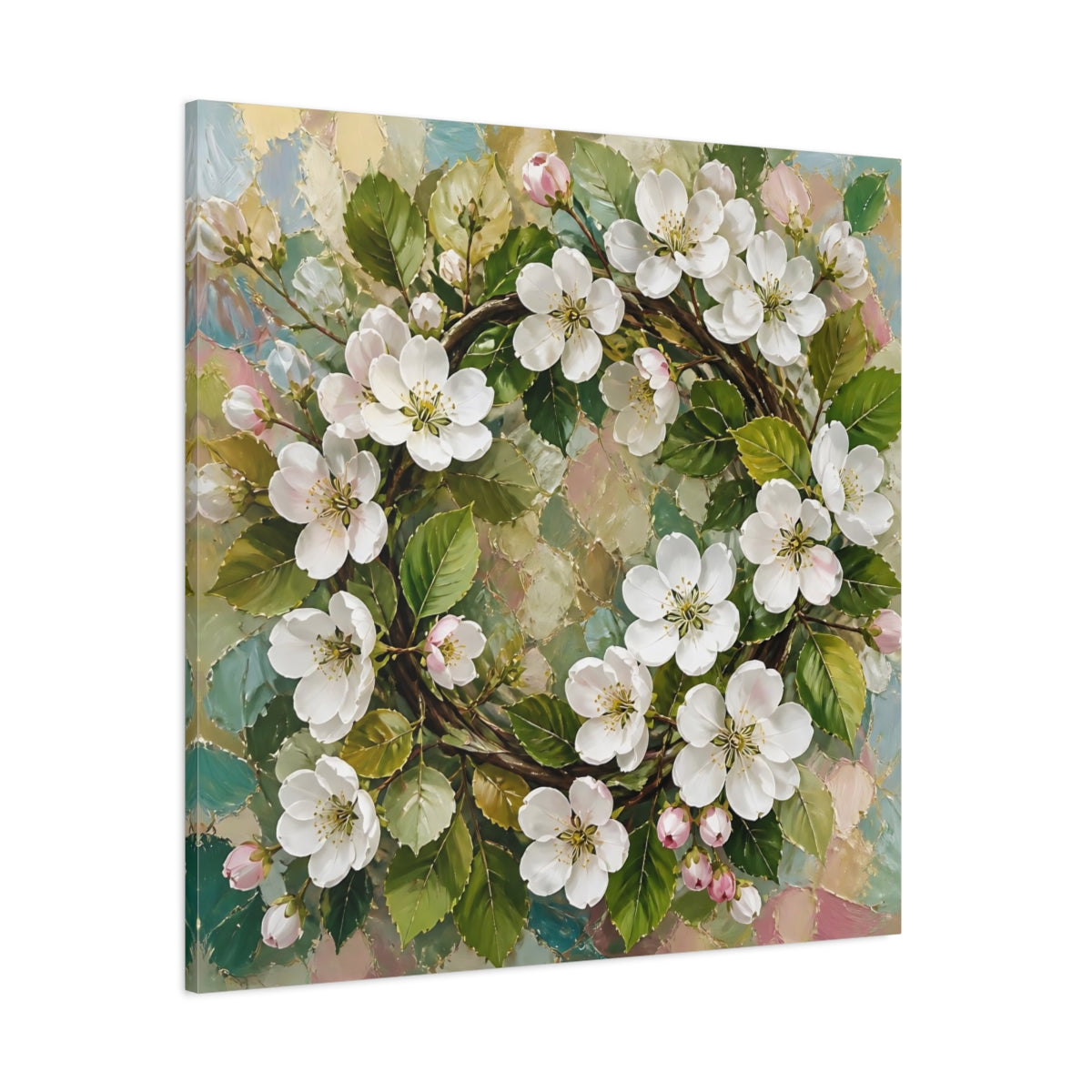 Side Mockup 1. Floral Blossom Wreath Pastel Floral Wreath shown as stretched canvas wall art