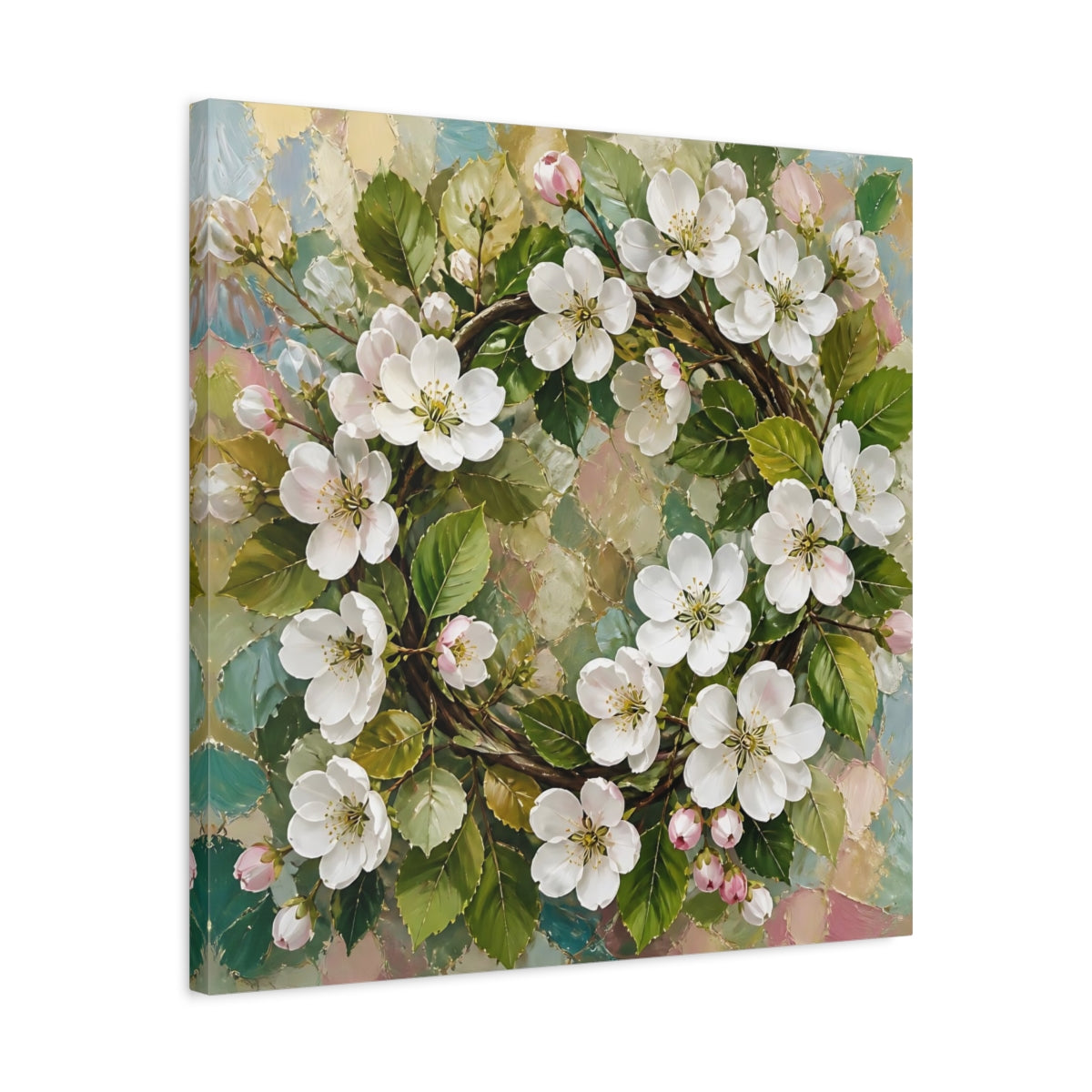 Side Mockup 4. Floral Blossom Wreath Pastel Floral Wreath shown as stretched canvas wall art