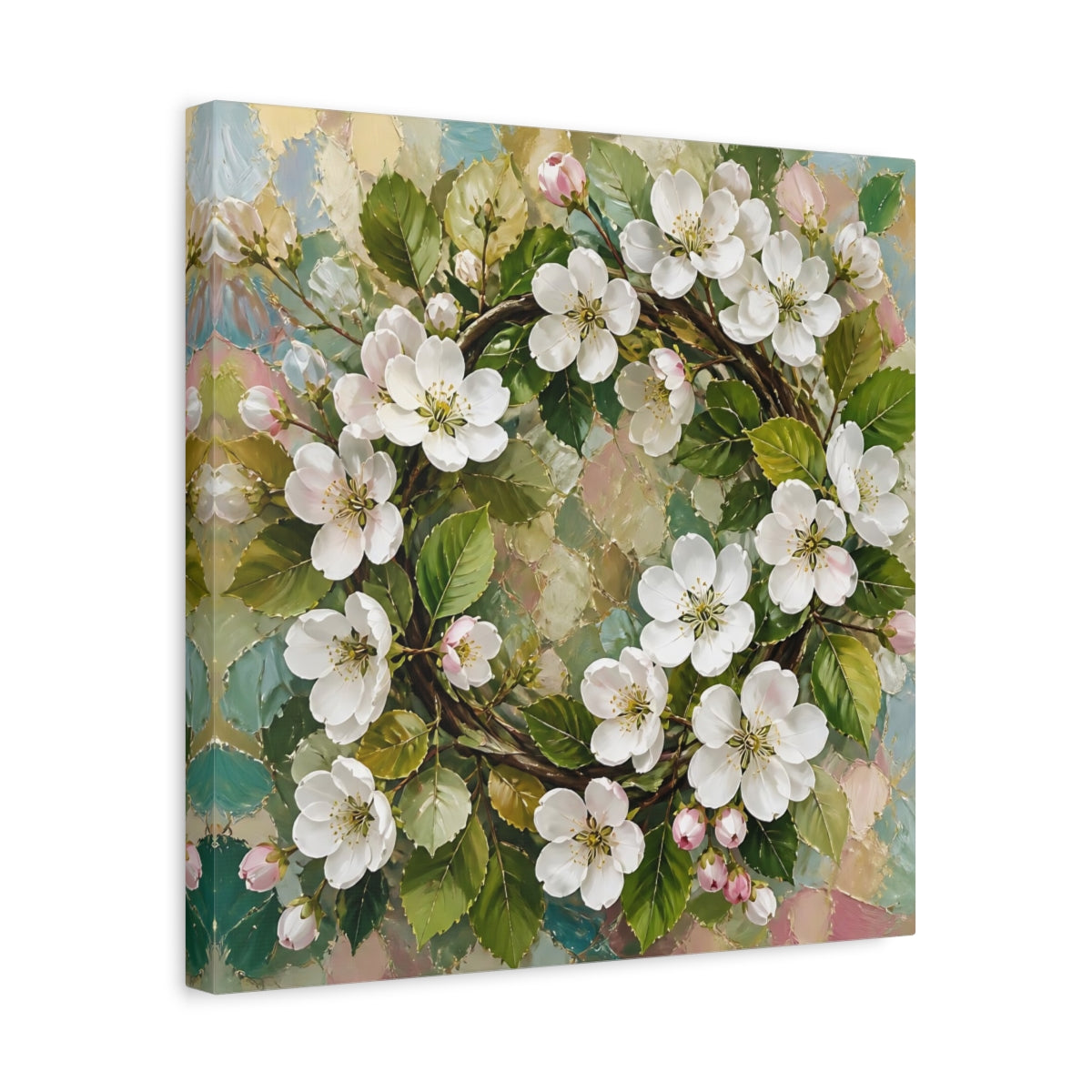 Side Mockup 6. Floral Blossom Wreath Pastel Floral Wreath shown as stretched canvas wall art