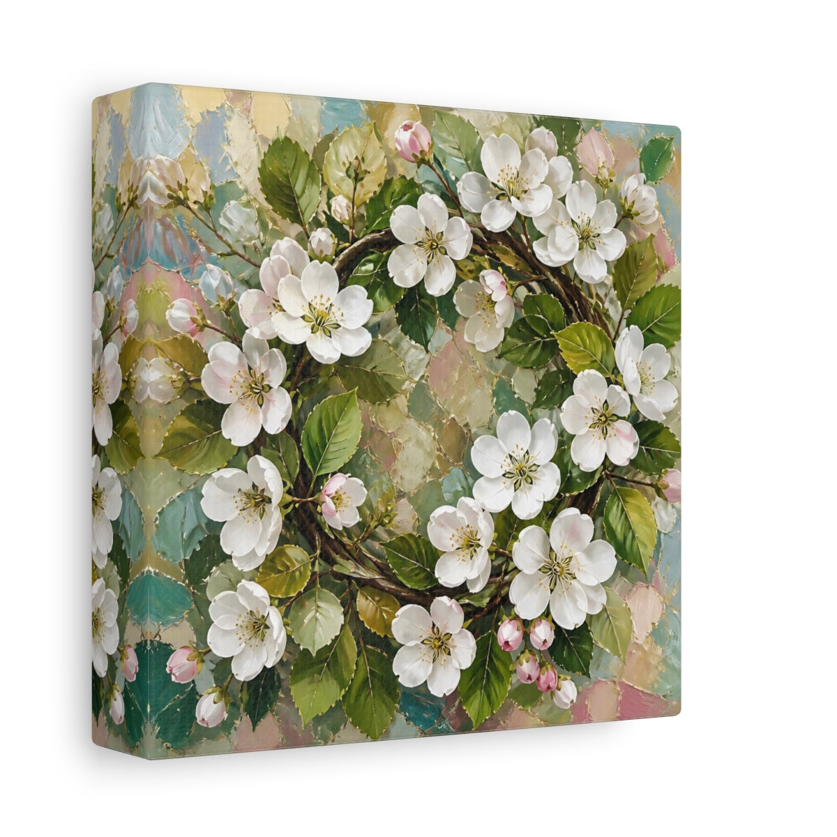 Side Mockup 2. Floral Blossom Wreath Pastel Floral Wreath shown as stretched canvas wall art