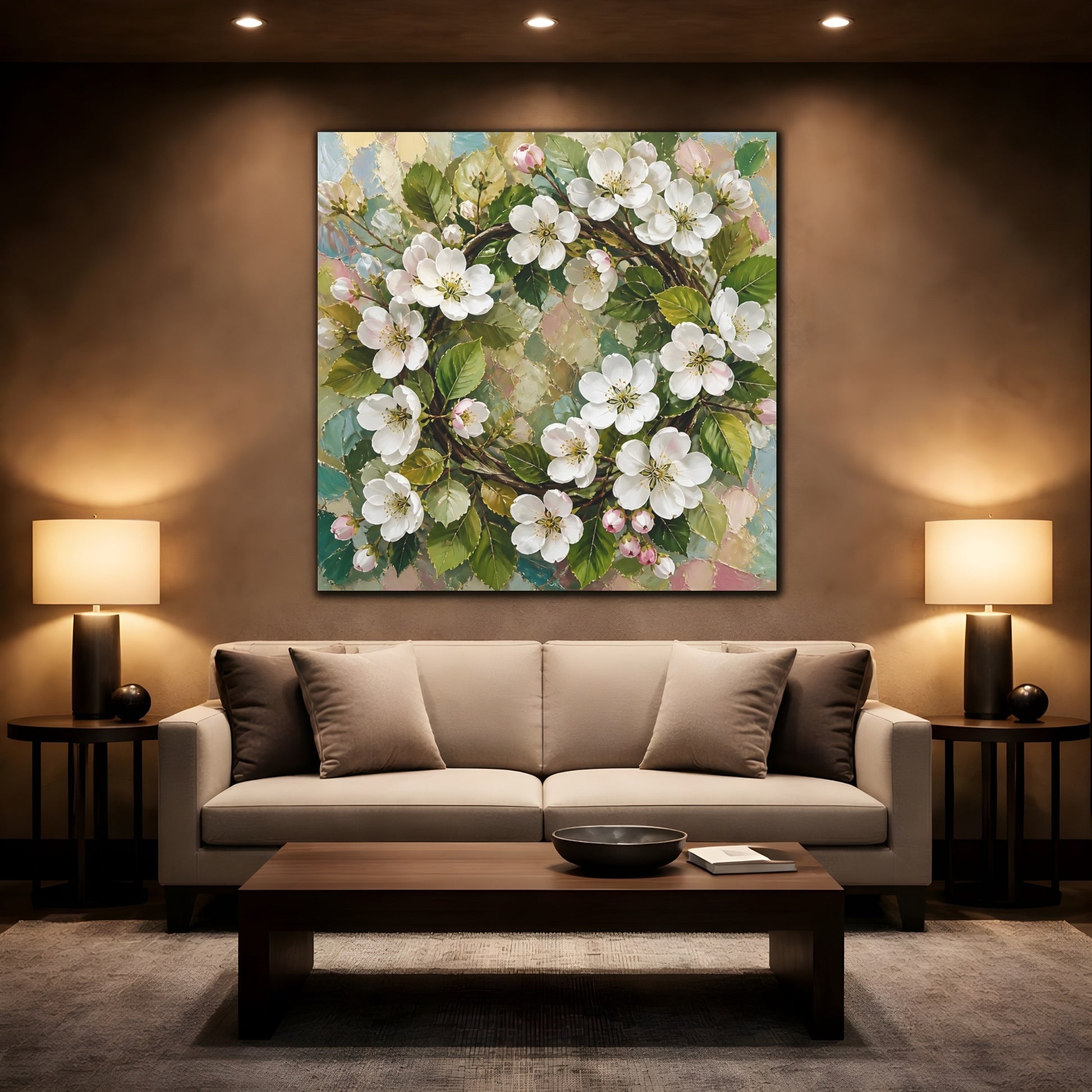 Mockup 2. Floral Blossom Wreath Pastel Floral Wreath shown as stretched canvas wall art