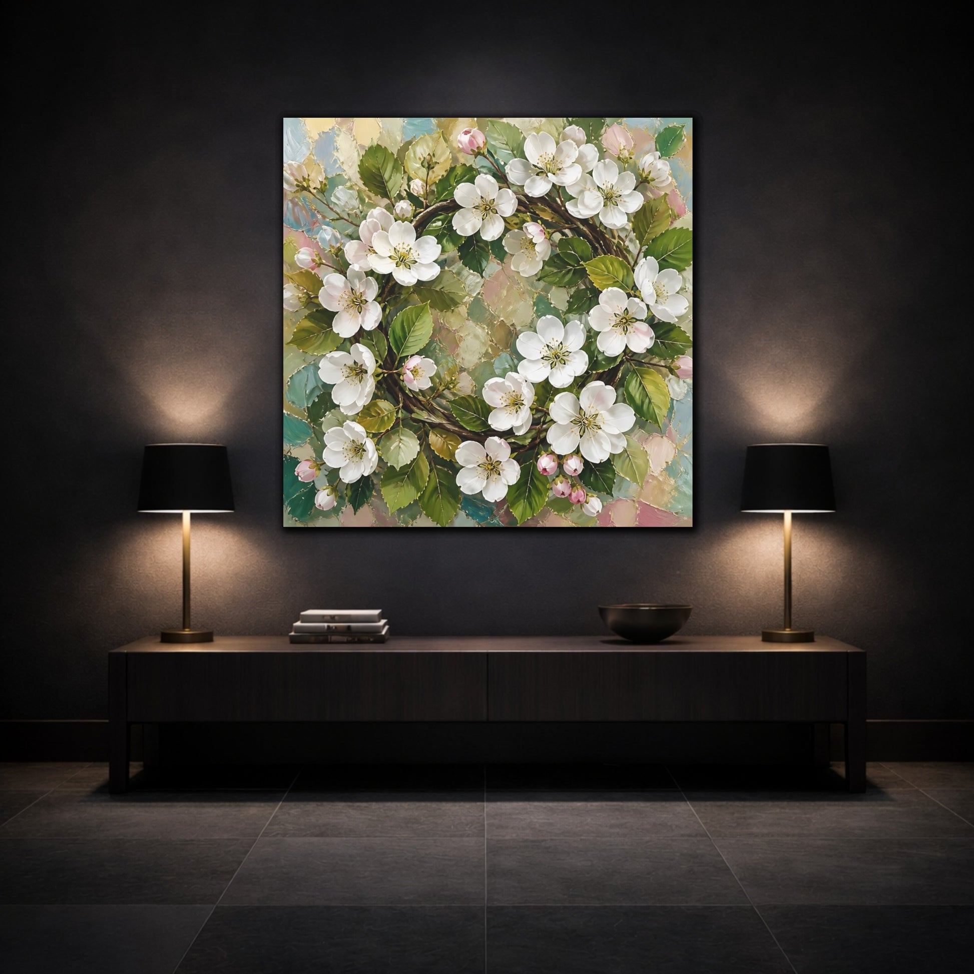 Mockup 3. Floral Blossom Wreath Pastel Floral Wreath shown as stretched canvas wall art