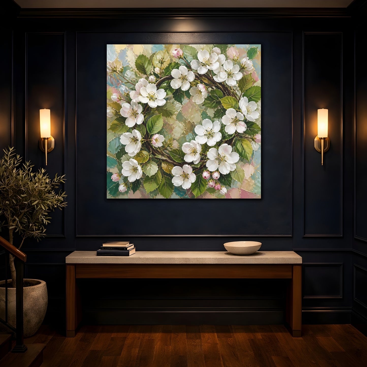 Mockup 4. Floral Blossom Wreath Pastel Floral Wreath shown as stretched canvas wall art