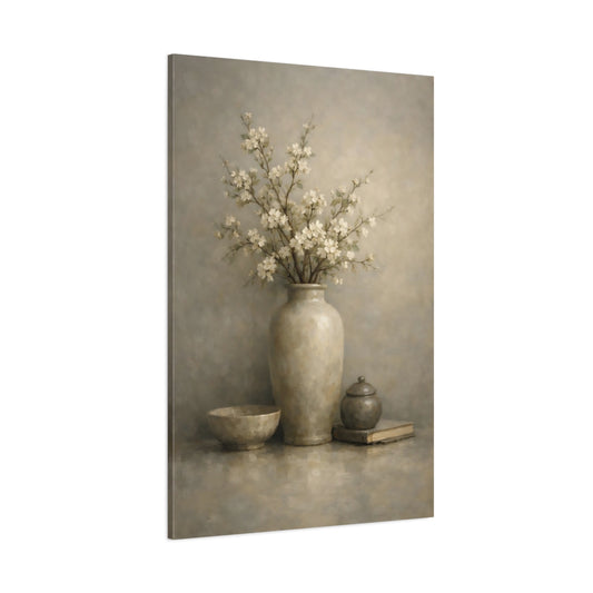 Main Mockup. Floral Blossoming Branch Neutral Floral Still Life shown as stretched canvas wall art