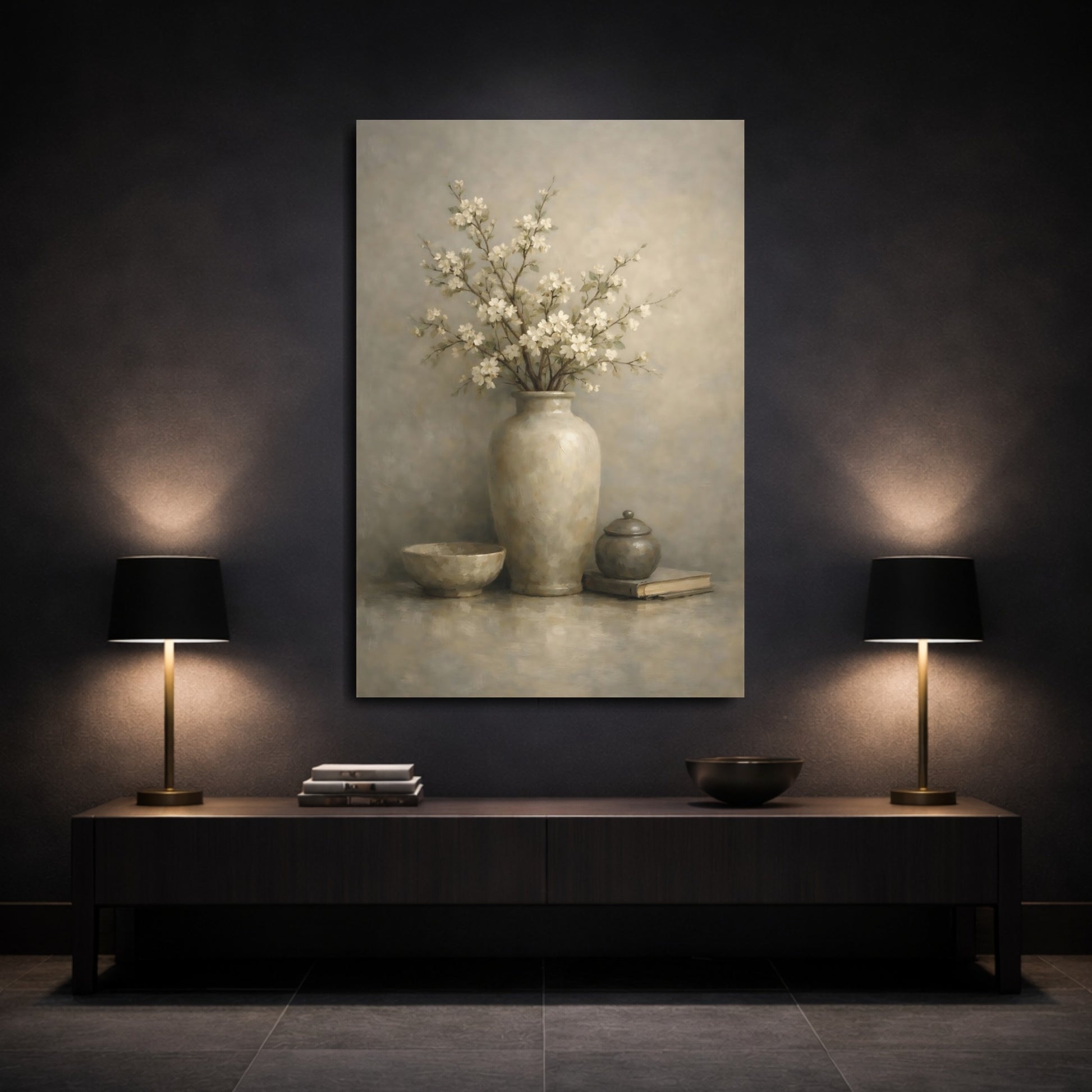 Mockup 2. Floral Blossoming Branch Neutral Floral Still Life shown as stretched canvas wall art