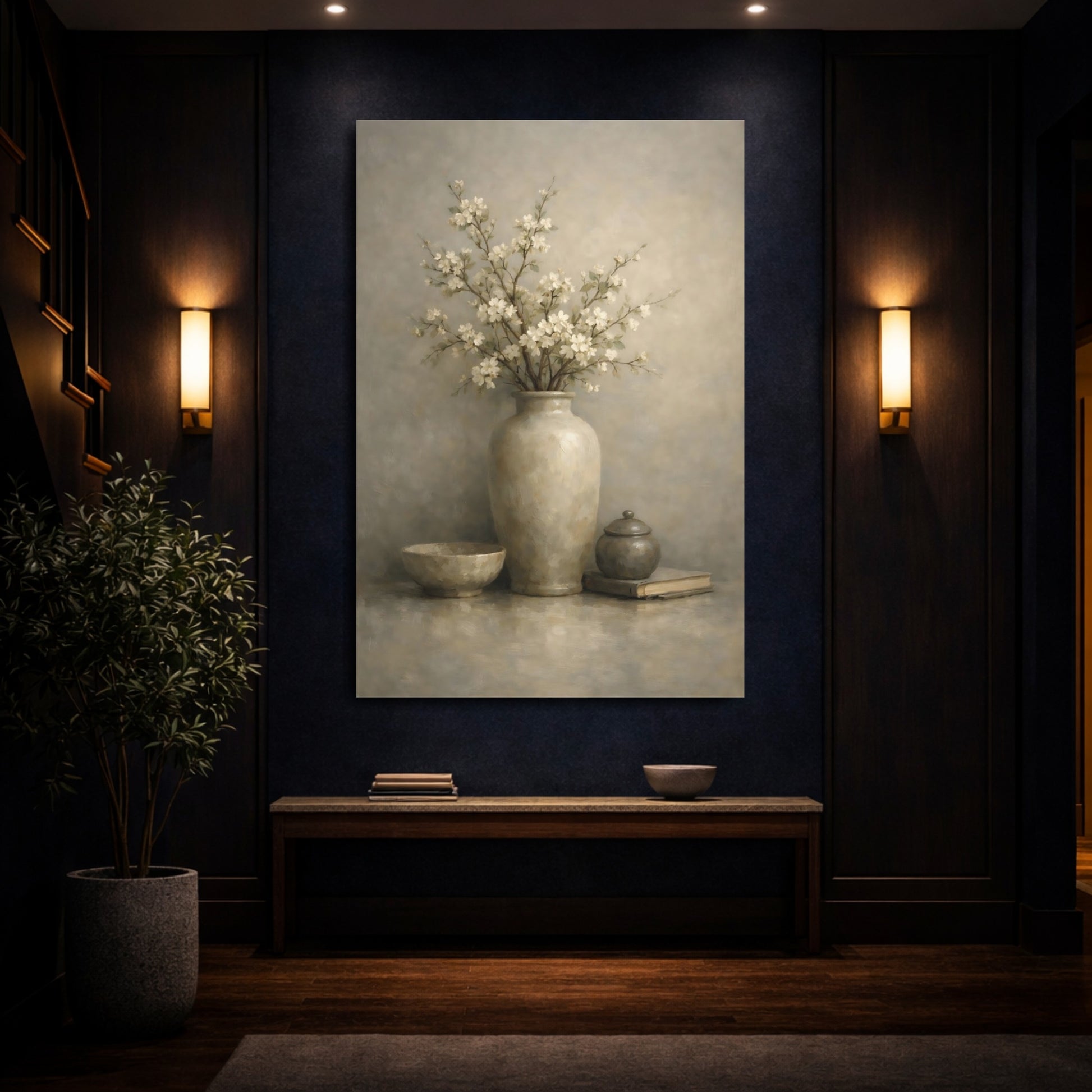 Mockup 3. Floral Blossoming Branch Neutral Floral Still Life shown as stretched canvas wall art