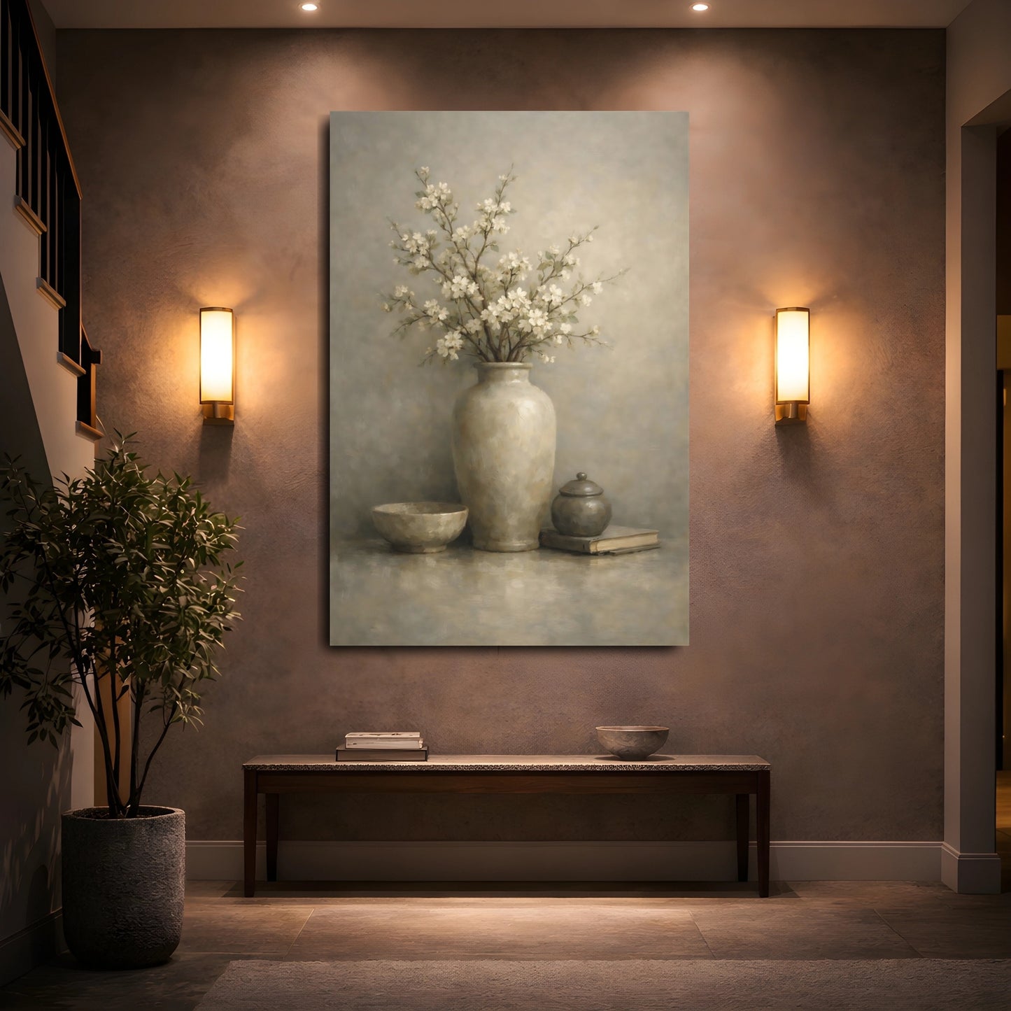 Mockup 4. Floral Blossoming Branch Neutral Floral Still Life shown as stretched canvas wall art