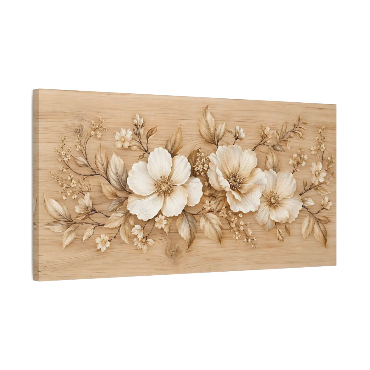 Side Mockup 1. Floral Blossoms Beige Floral shown as stretched canvas wall art