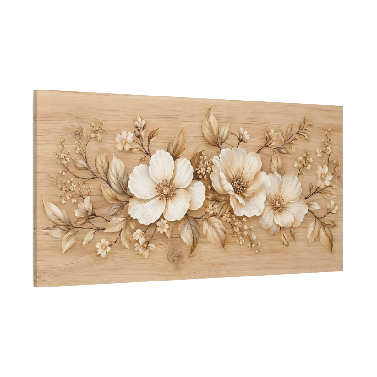 Side Mockup 2. Floral Blossoms Beige Floral shown as stretched canvas wall art