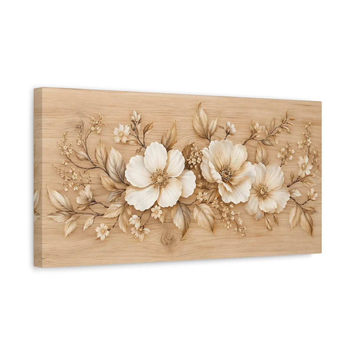 Side Mockup 3. Floral Blossoms Beige Floral shown as stretched canvas wall art