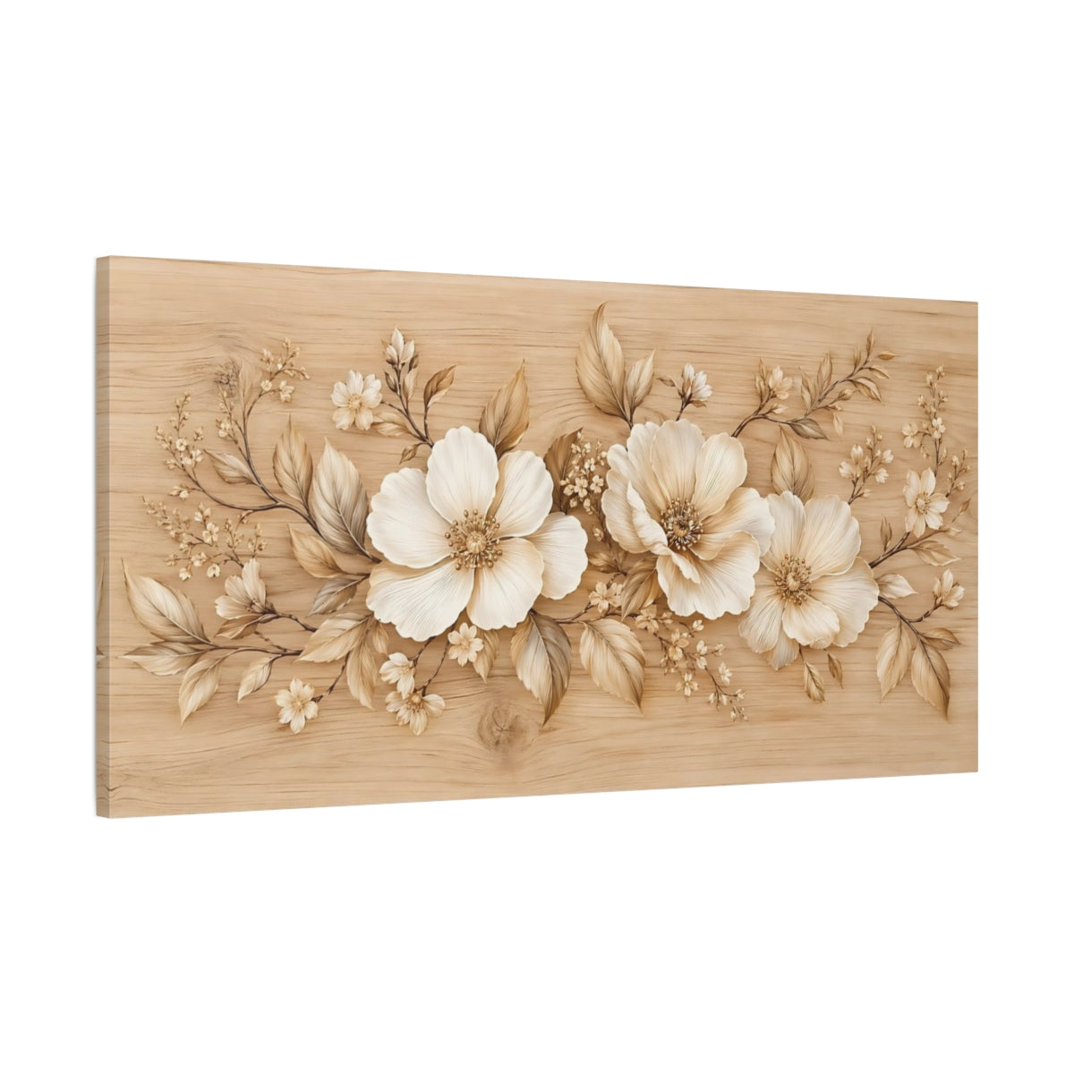 Main Mockup. Floral Blossoms Beige Floral shown as stretched canvas wall art